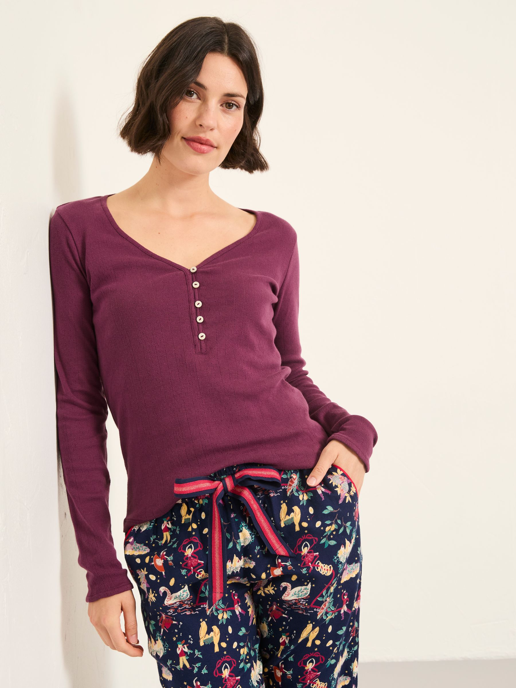 Lila Purple Pointelle Henley Top (F31552) | $56