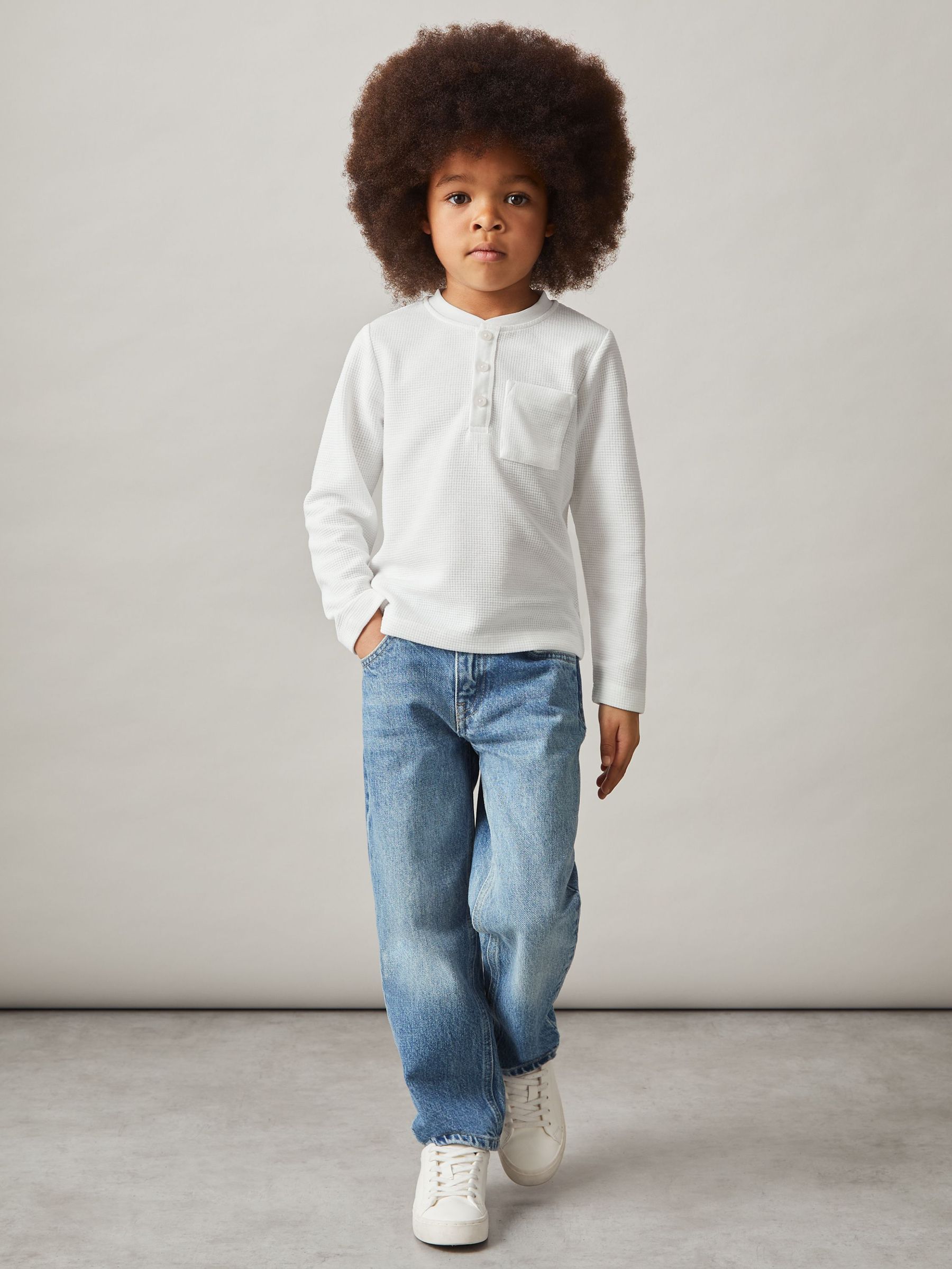 9-13 yrs Cotton-Blend Waffle Henley T-Shirt in White (F32192) | CHF 35