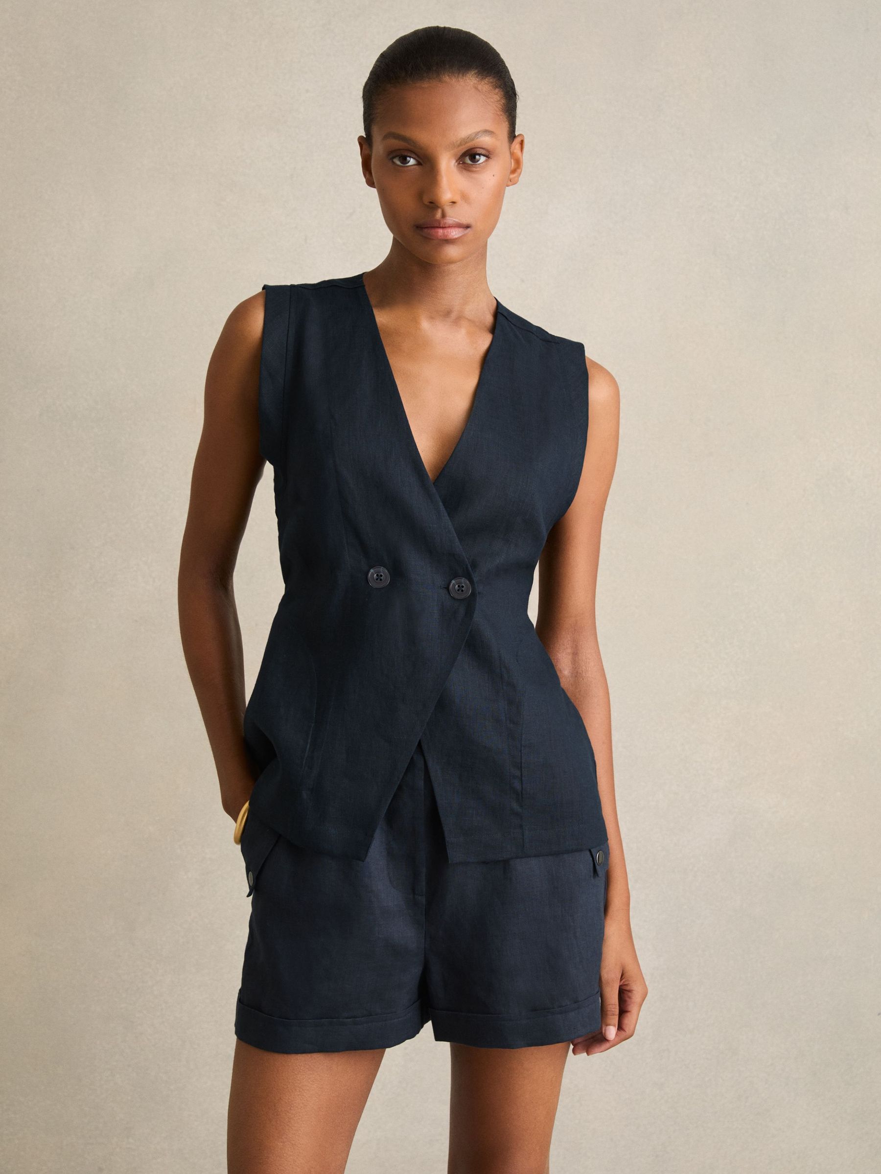 Linen Button-Front Waistcoat in Navy (F32811) | CA$215