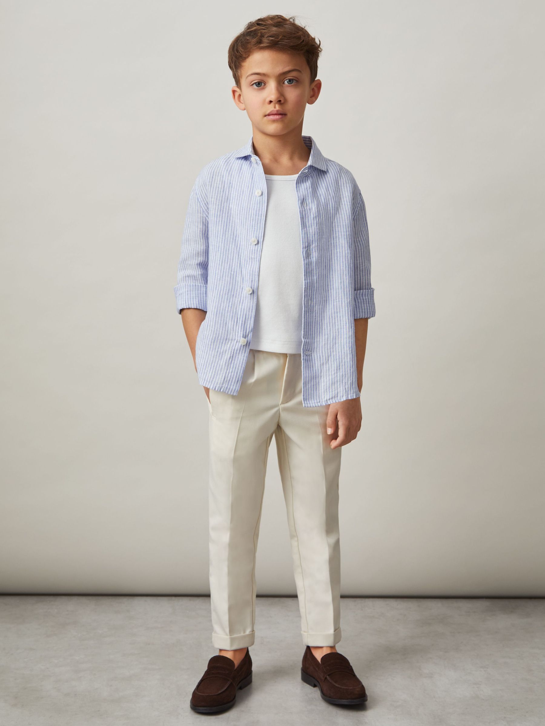 100% Linen Long Sleeve Shirt in Blue/White Stripe (F32812) | US$70