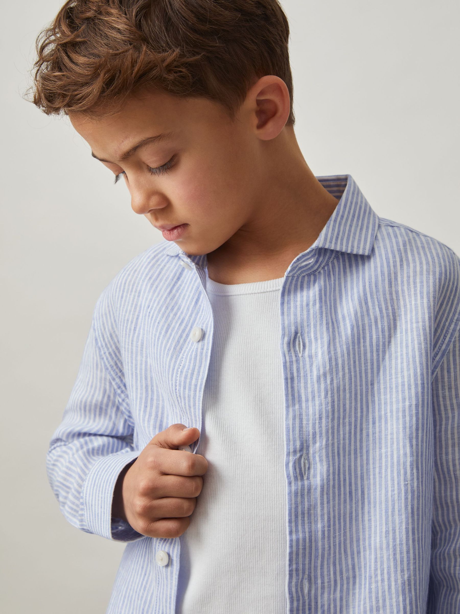 100% Linen Long Sleeve Shirt in Blue/White Stripe (F32815) | US$60