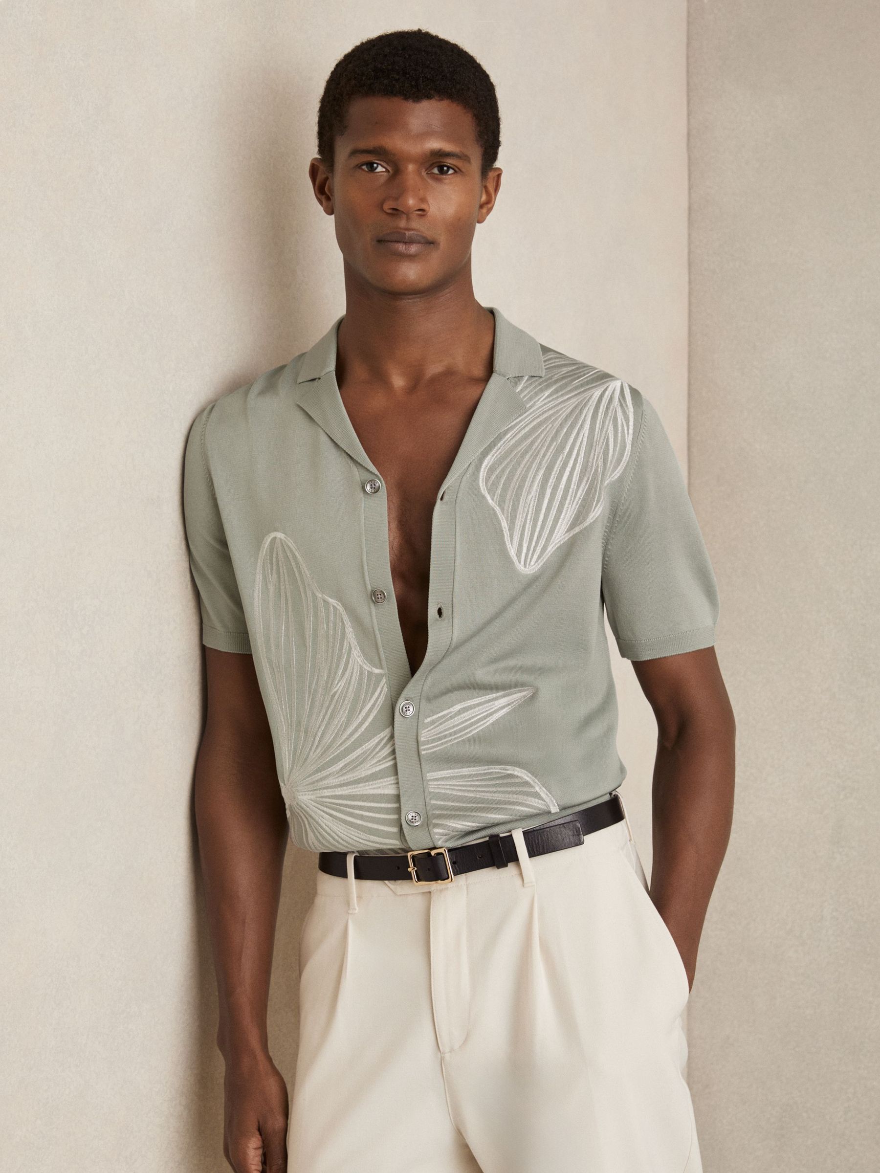 Flower Embroidered Knit Shirt in Soft Sage (F32816) | €195