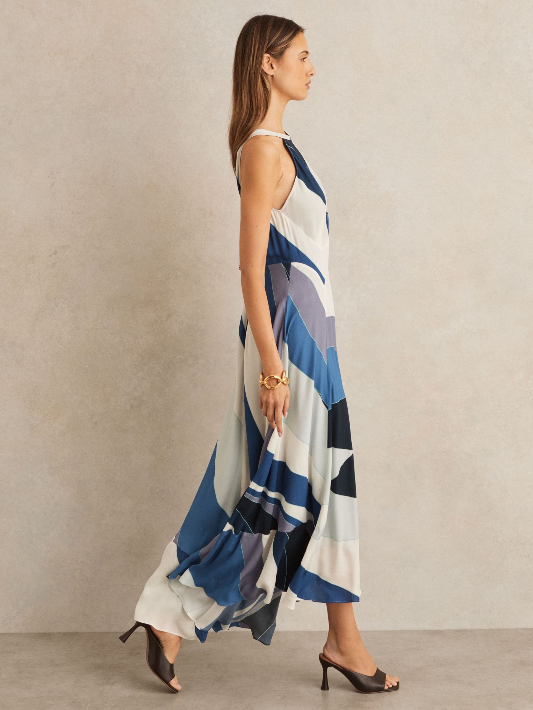 Stripe Print V-Back Midi Dress in Blue (F32817) | €385