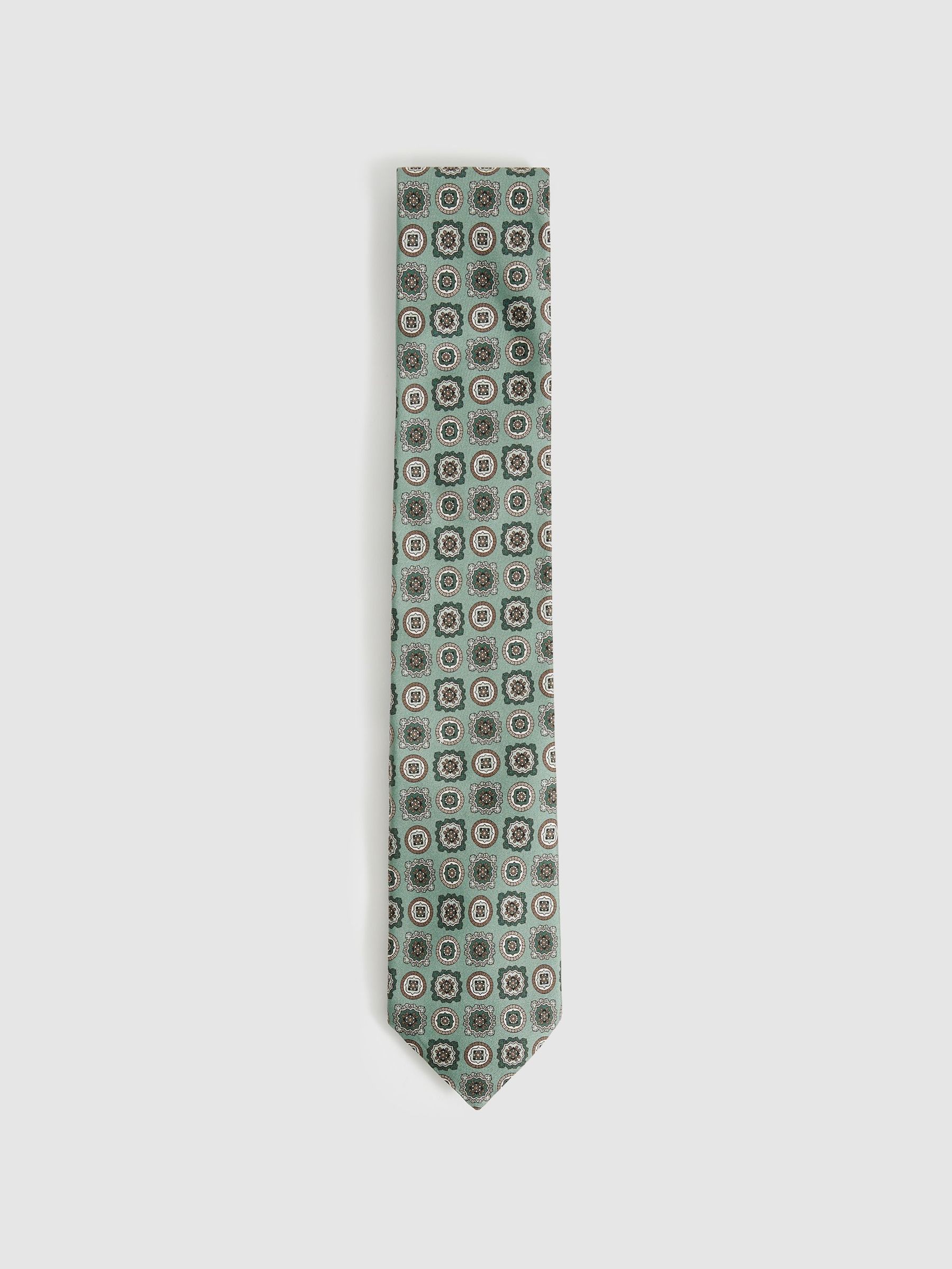 Silk Foulard Medallion Print Tie in Soft Sage (F33987) | US$110
