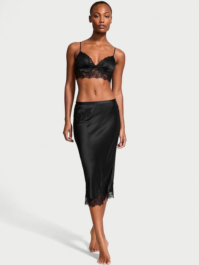 Black Satin Lace Trim Bralette and Skirt Set (F35252) | €86