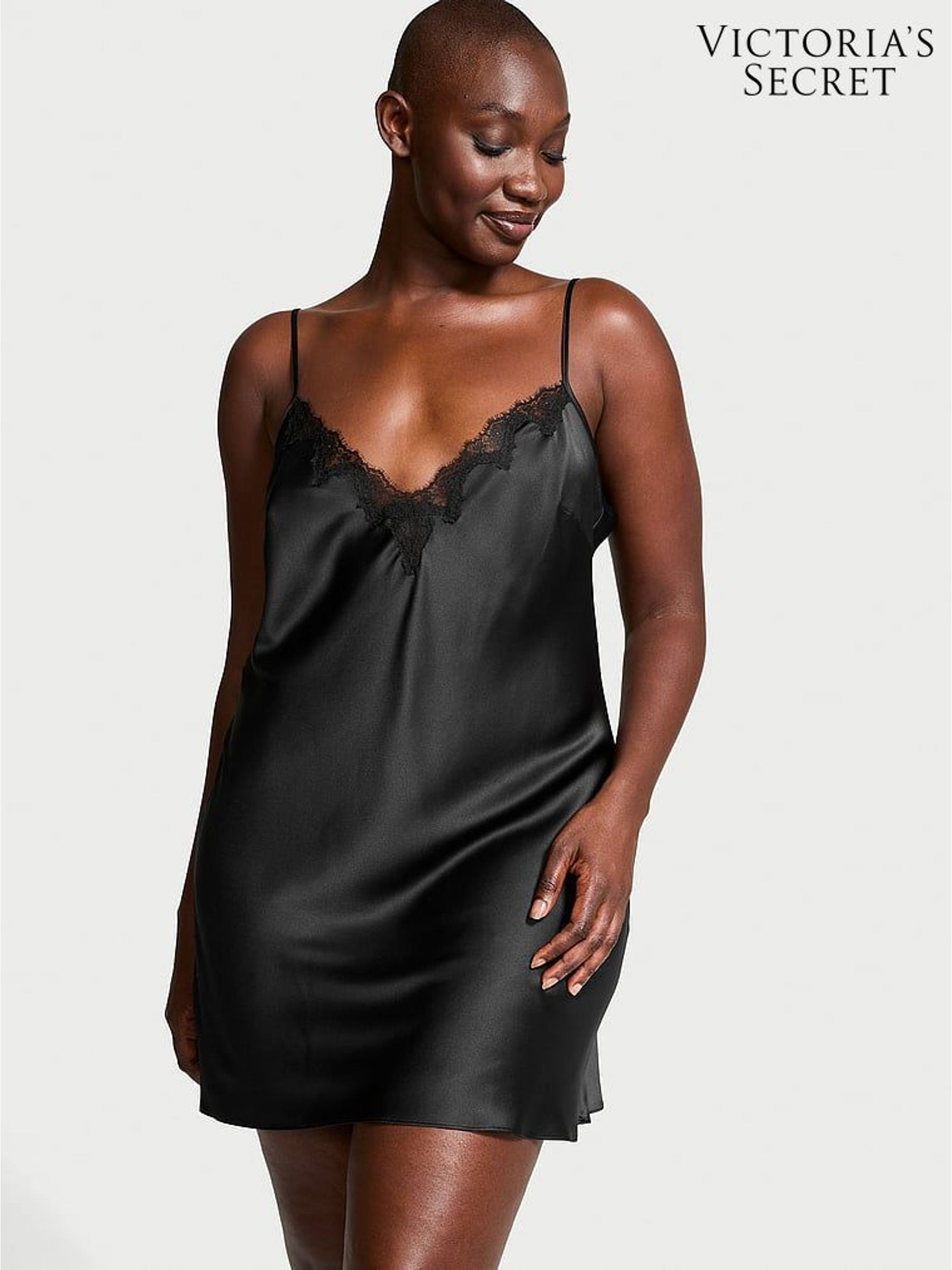 Black Satin Lace Trim Slip Dress (F35253) | €79