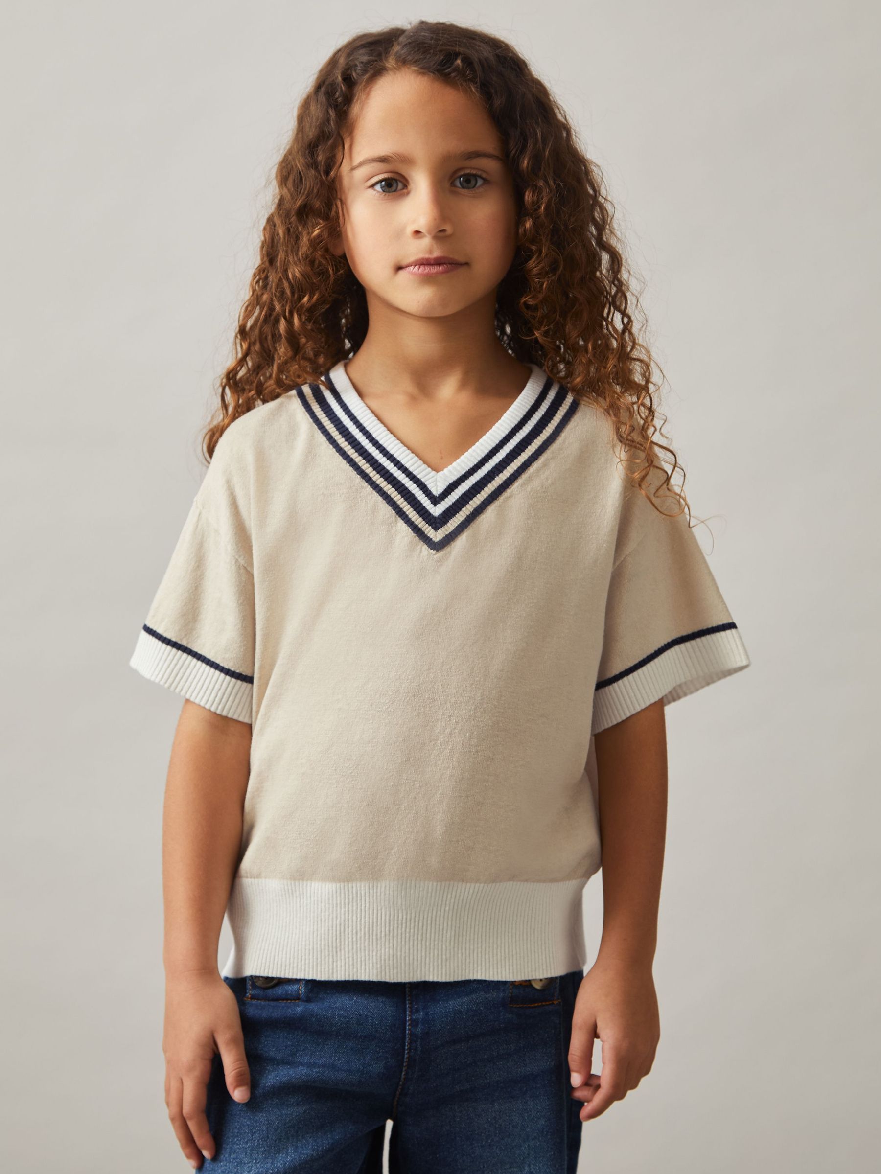 4-9 yrs Cotton-Linen Knit V-Neck Cricket Top in Neutral (F35950) | 158 SAR