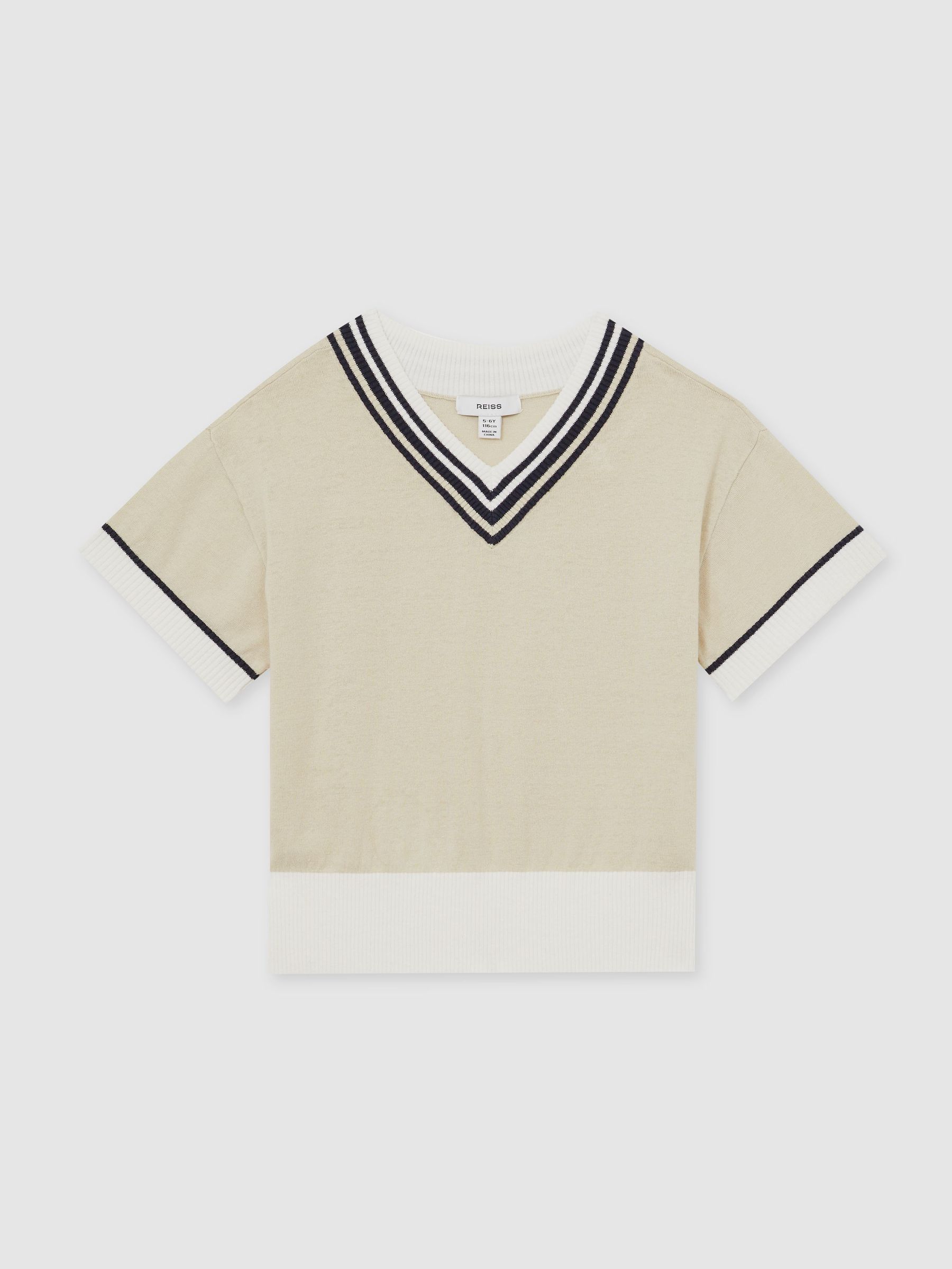 Cotton-Linen Knit V-Neck Cricket Top in Neutral (F35952) | $70