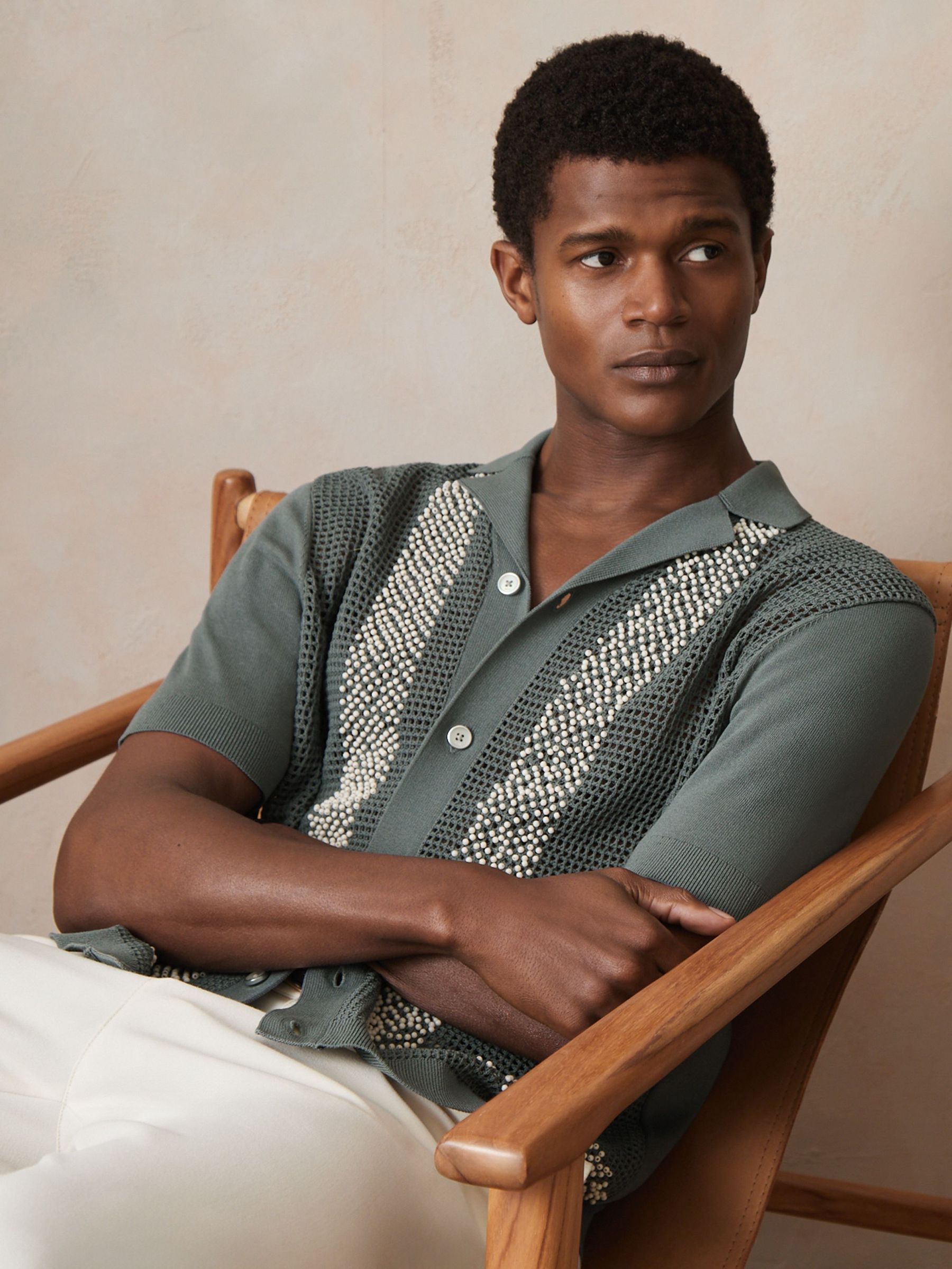 Reiss | Ché Beaded Crochet Shirt in Sage (F35955) | AED840