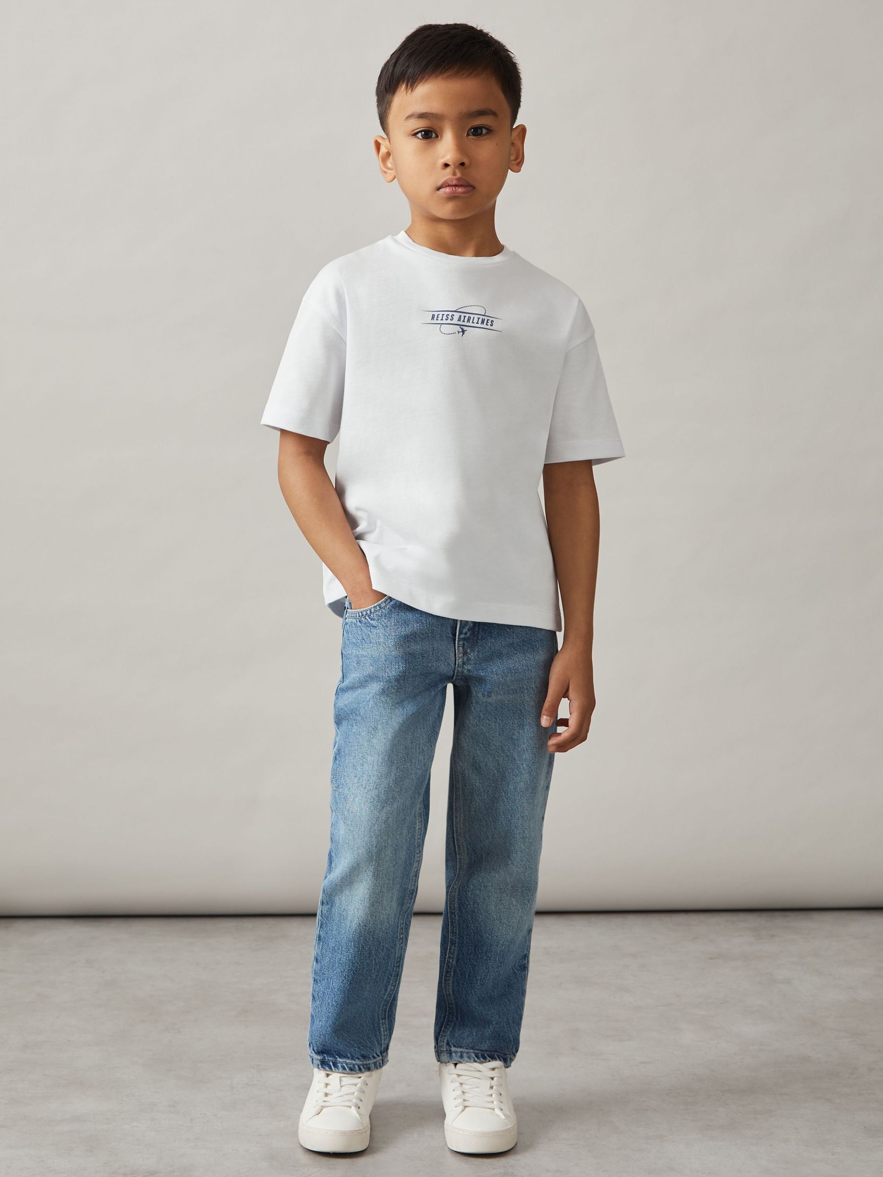 3-9 yrs Cotton Airlines-Print Oversize T-Shirt in White/Blue (F37229) | €25