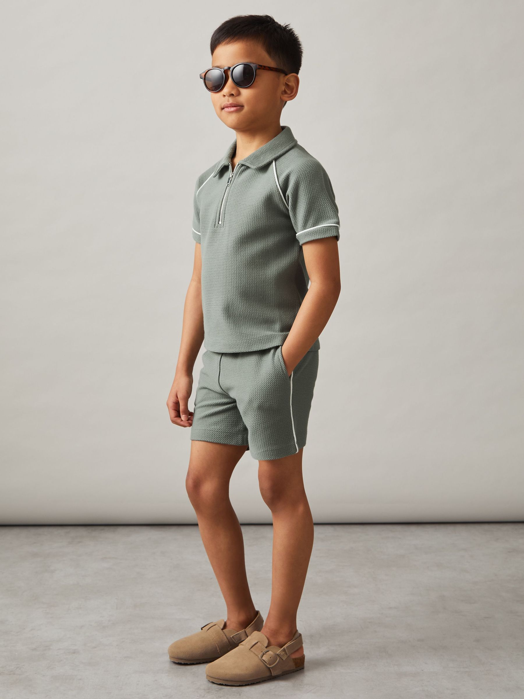 3-9 yrs Cotton Textured Piped Shorts in Sage Green (F37231) | €30