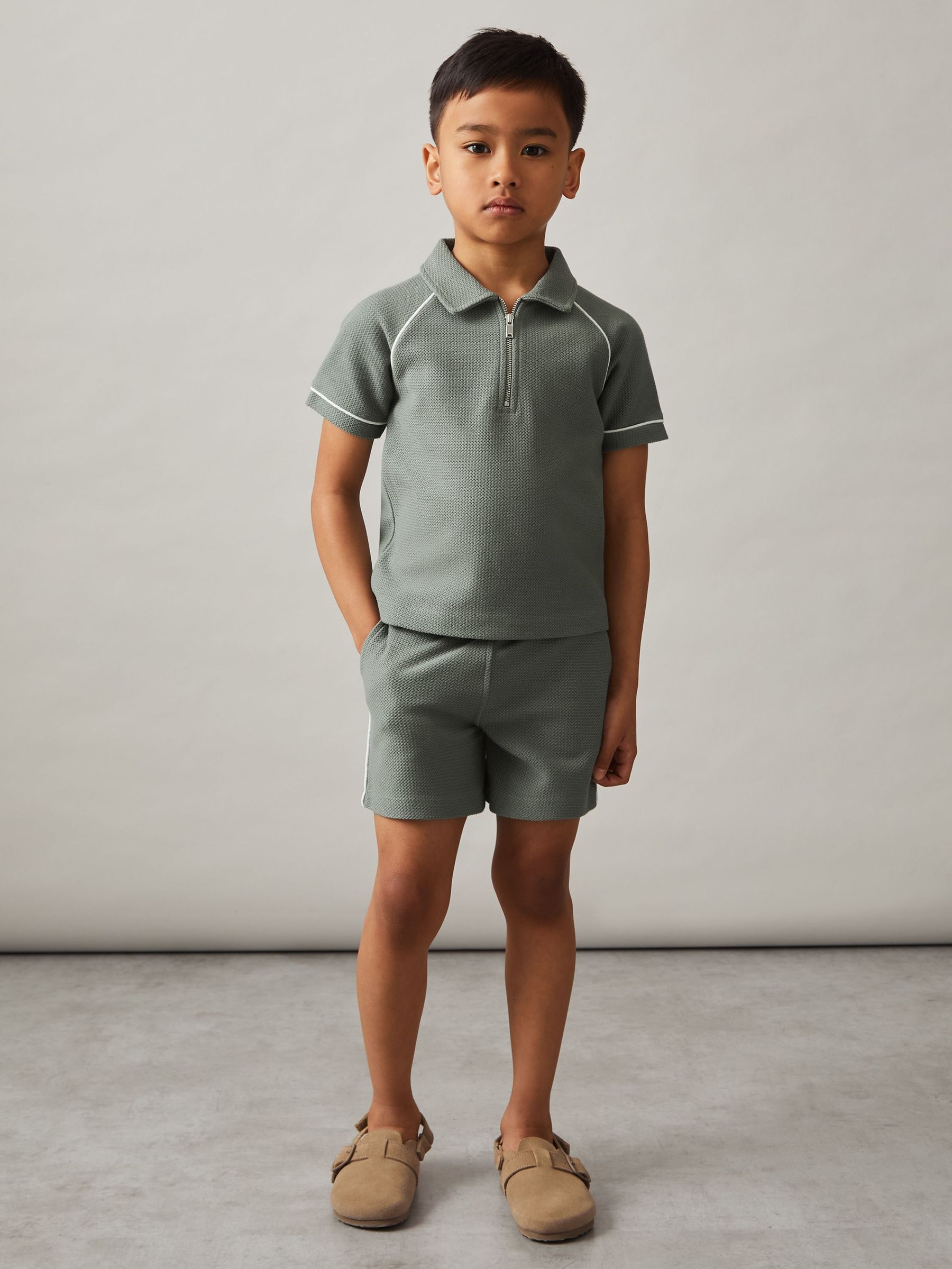 Cotton Textured Half-Zip Polo Shirt in Sage Green (F37235) | CHF 50