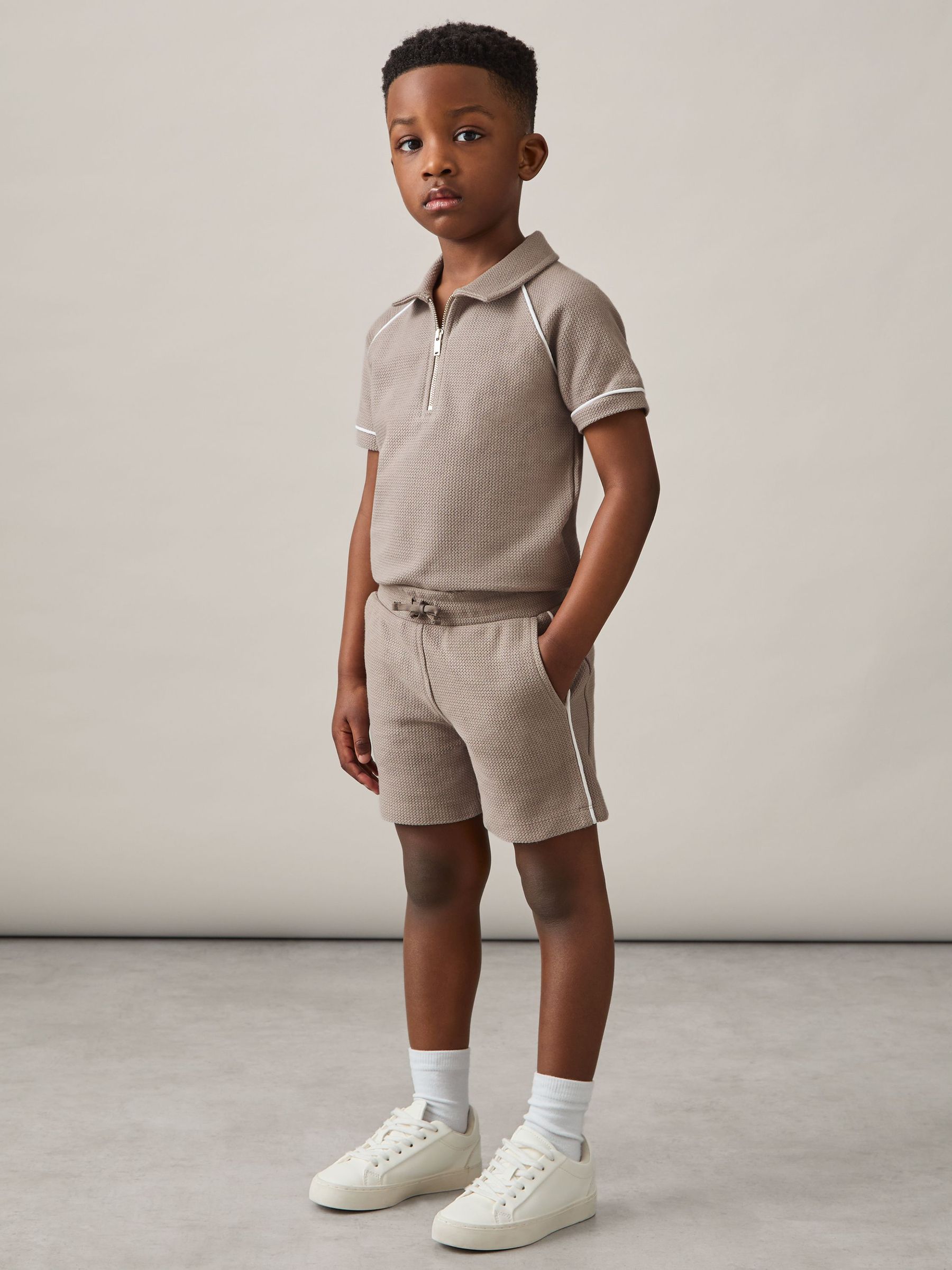 9-13 yrs Cotton Textured Piped Shorts in Mink Brown (F37240) | US$35