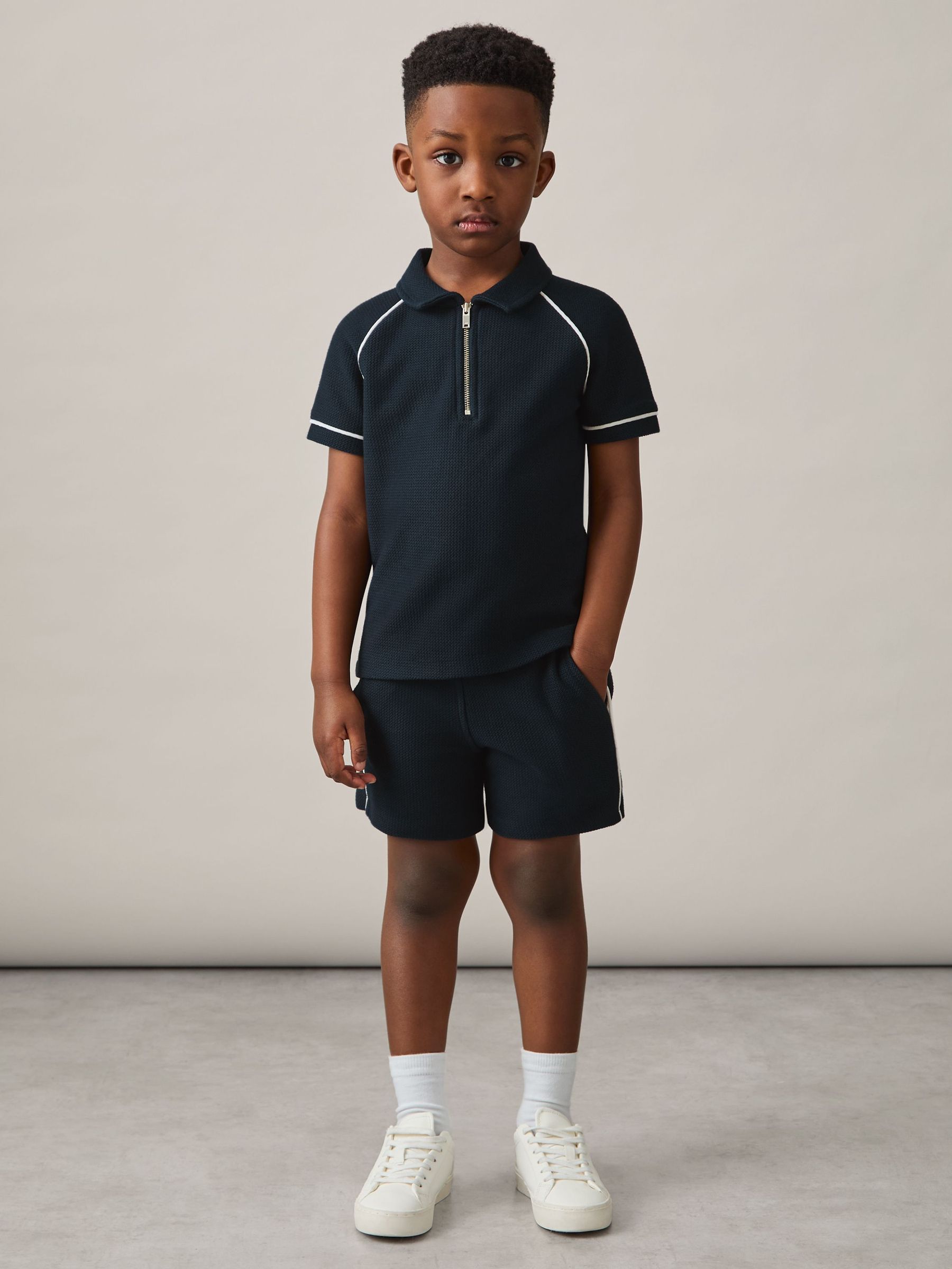 Cotton Textured Half Zip Polo Shirt in Navy (F37245) | CHF 40