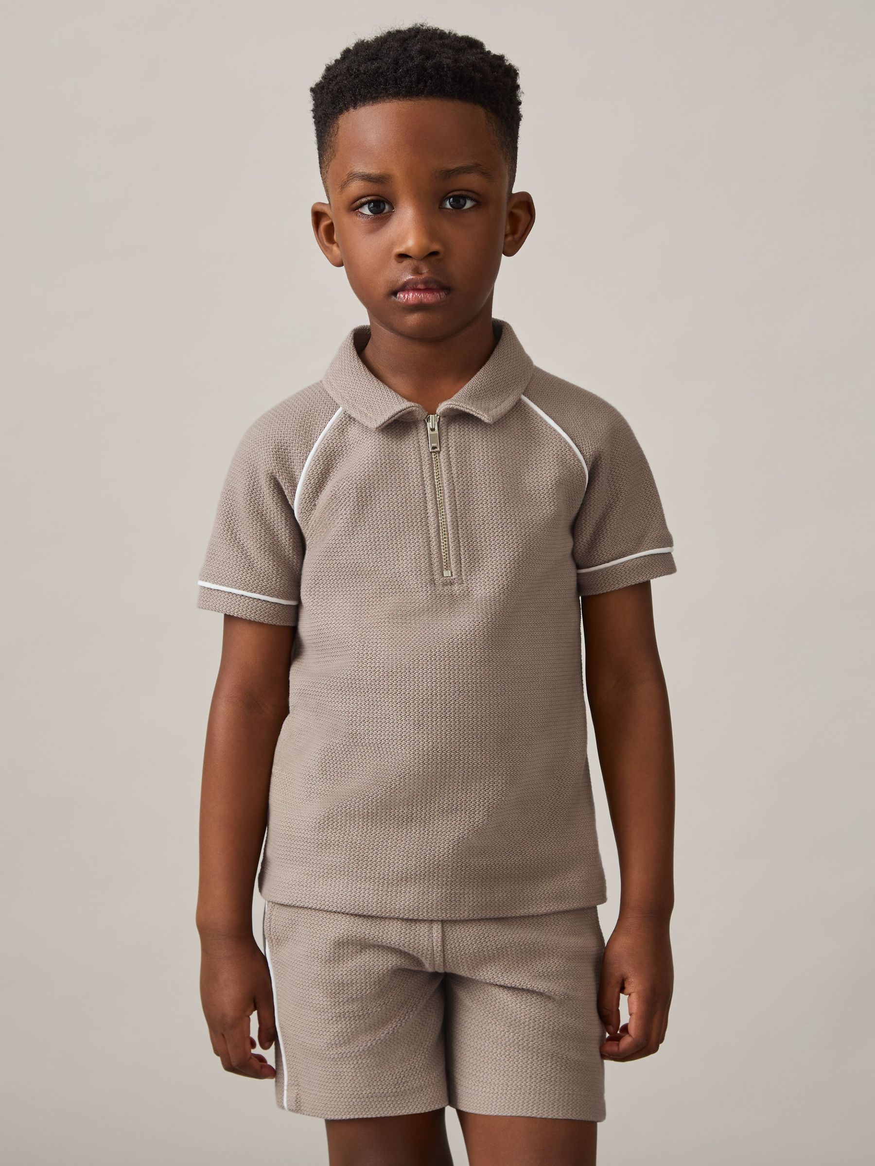 Cotton Textured Half-Zip Polo Shirt in Mink Brown (F37249) | CHF 50