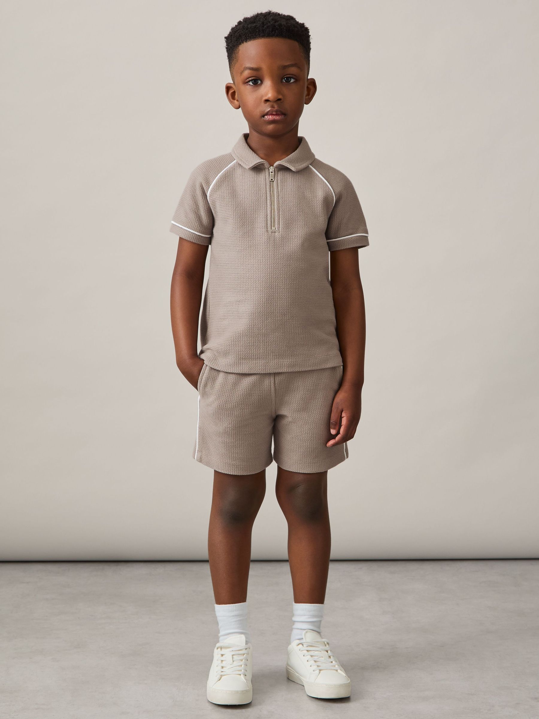 Cotton Textured Half-Zip Polo Shirt in Mink Brown (F37254) | 58 QAR
