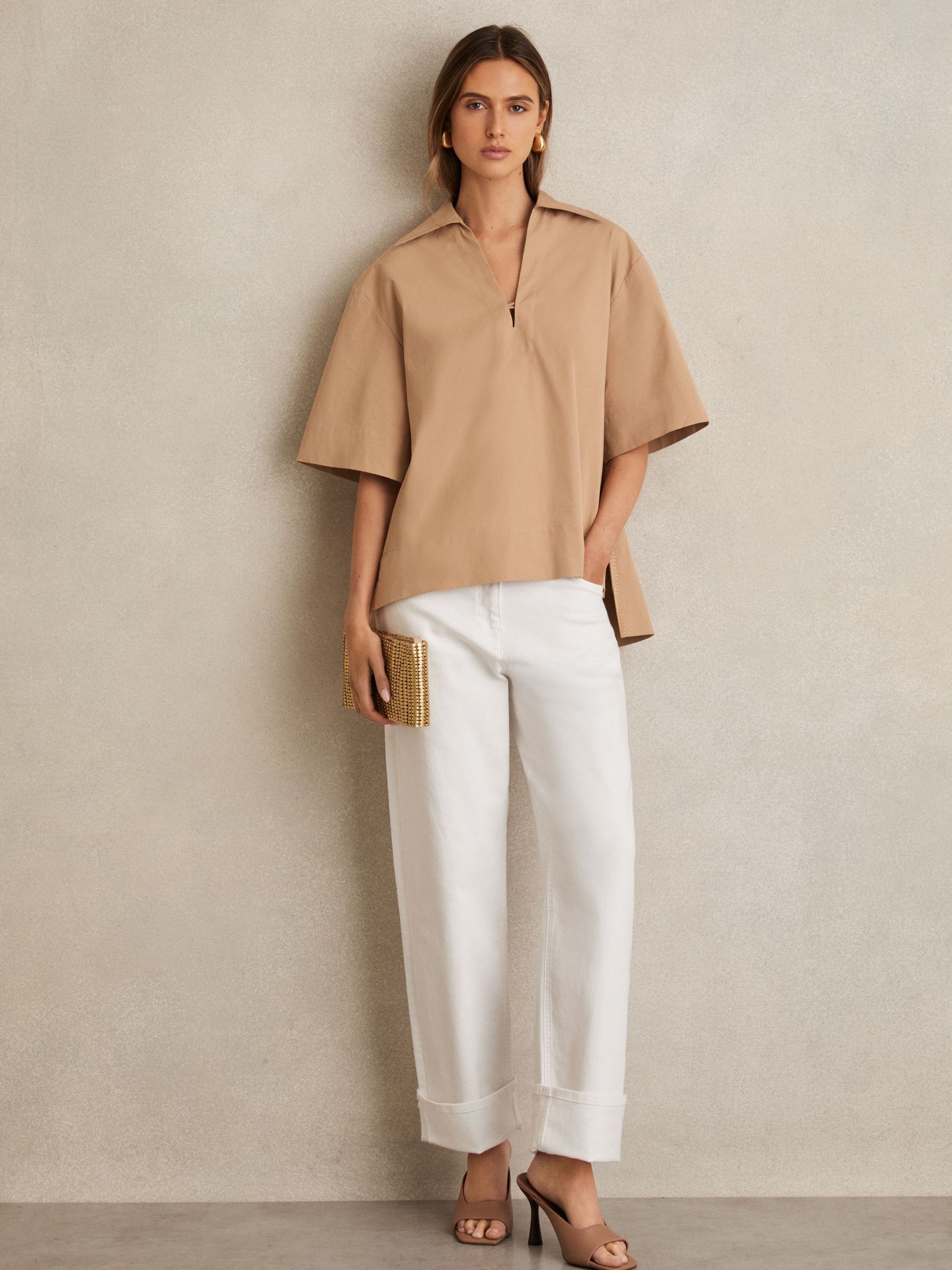 Cotton Blend Craft Stitch Collared Top in Camel (F37257) | US$225