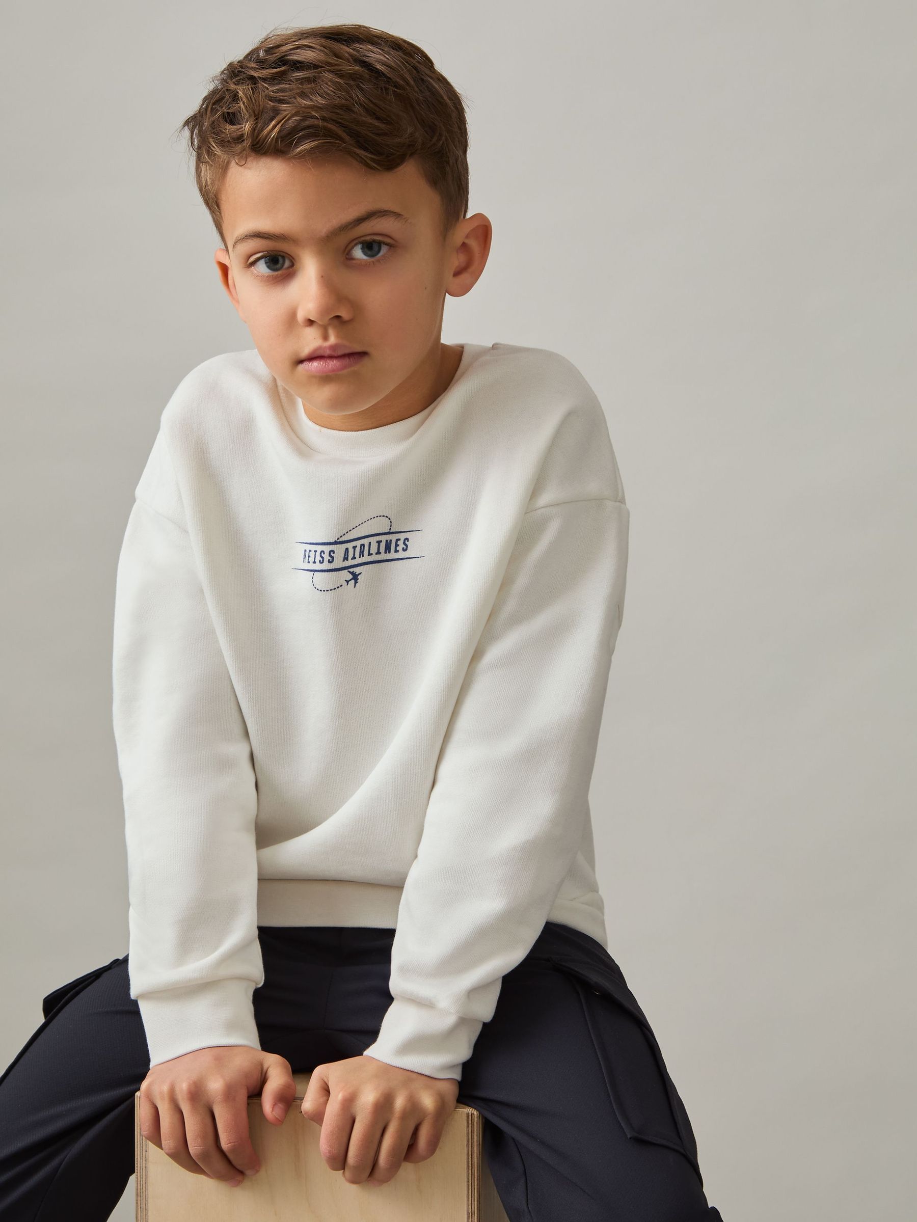 Cotton-Blend Airlines-Print Sweatshirt in White/Blue (F37258) | 205 SAR