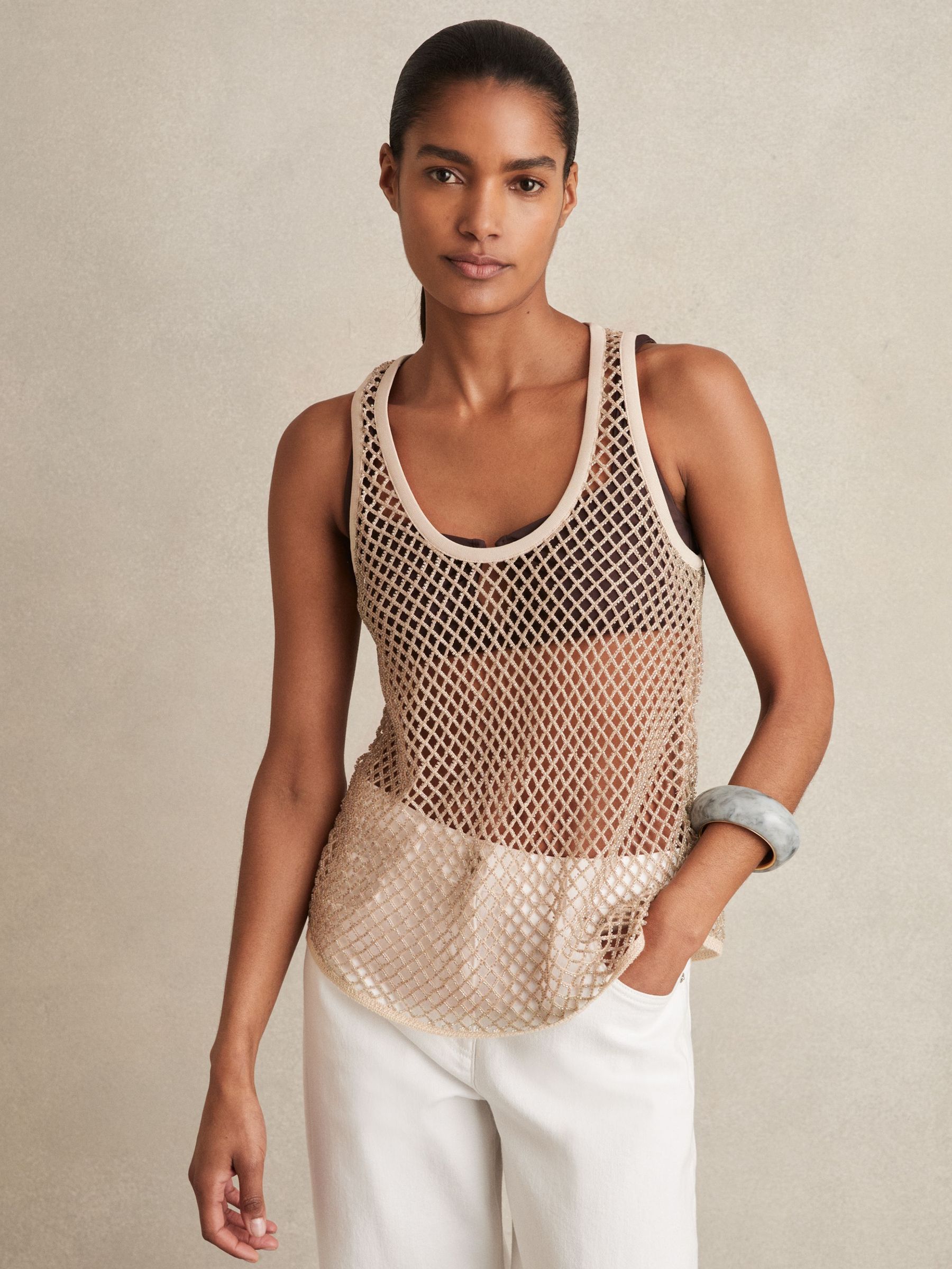 Mesh Knit Beaded Vest in Neutral (F37260) | US$380