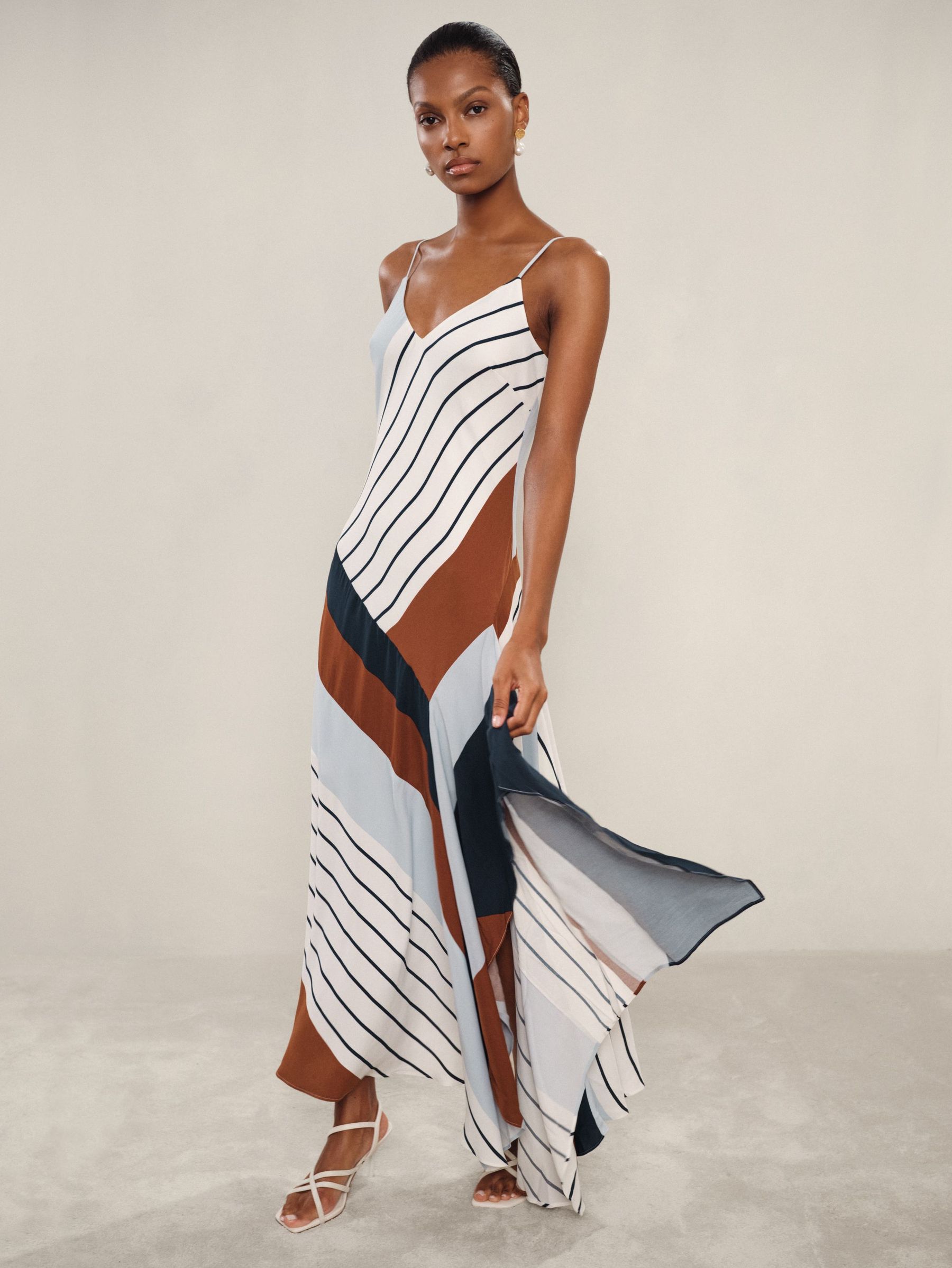 Stripe-Print Handkerchief Maxi Dress in Blue/Brown (F37266) | US$390
