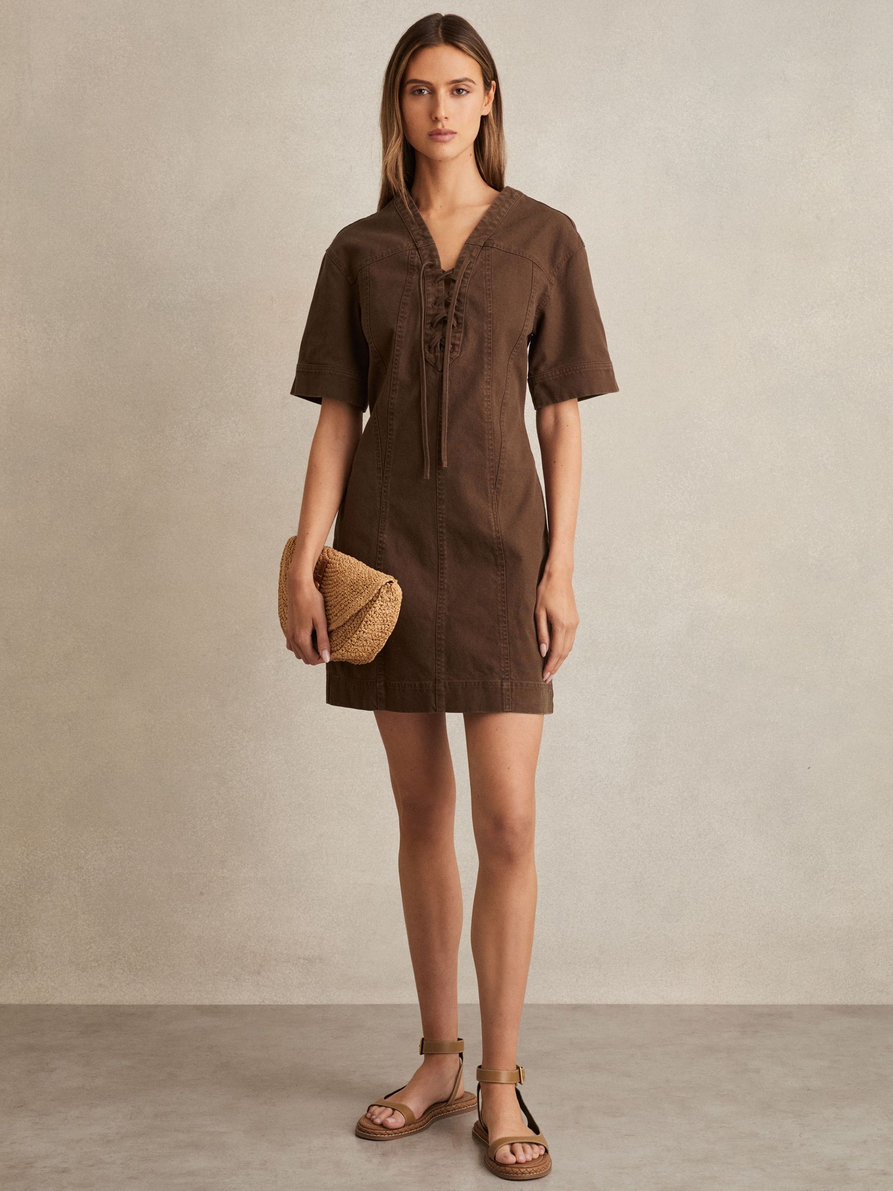 Lace Up Denim Shirt Dress in Chocolate (F37269) | €245