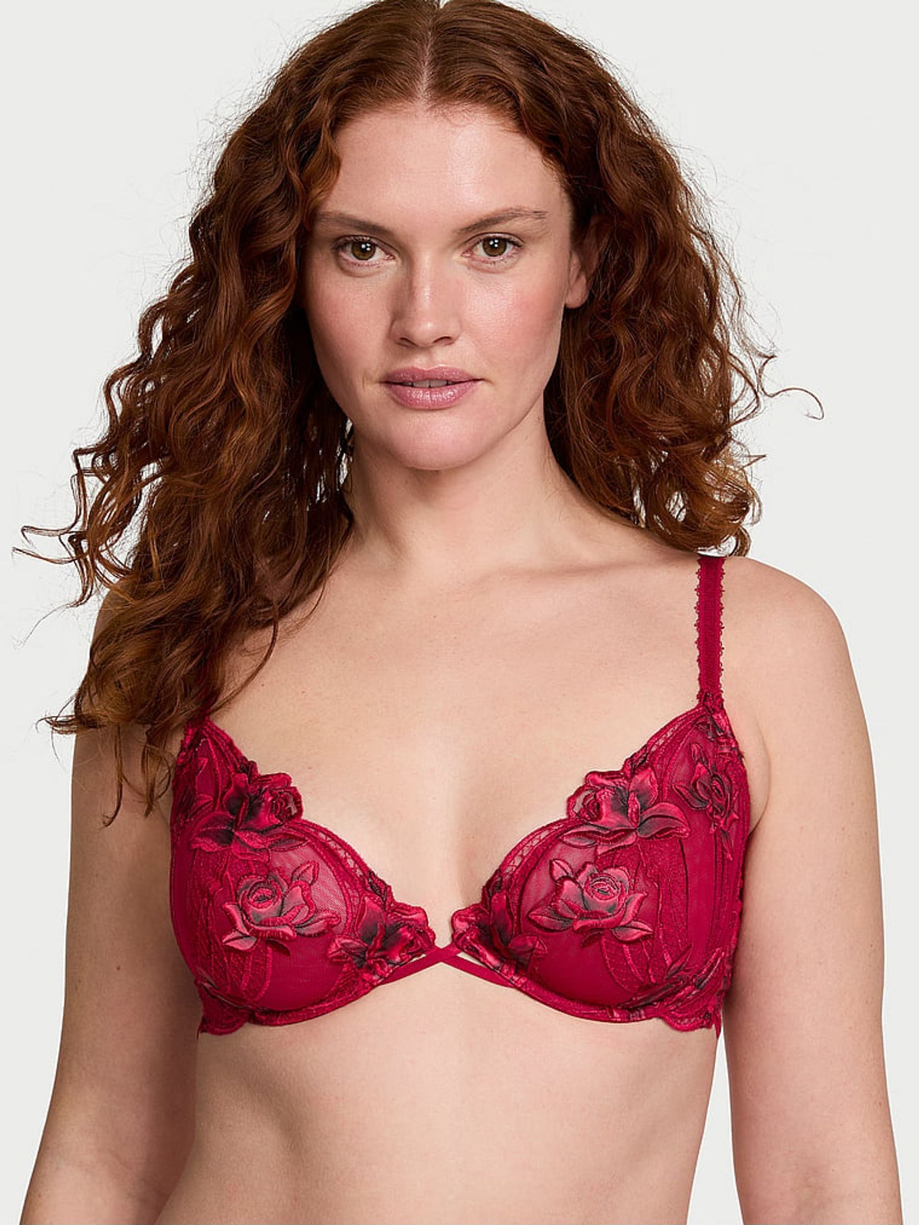 Red Lacquer Unlined Demi Rose Embroidered Bra (F37752) | €68