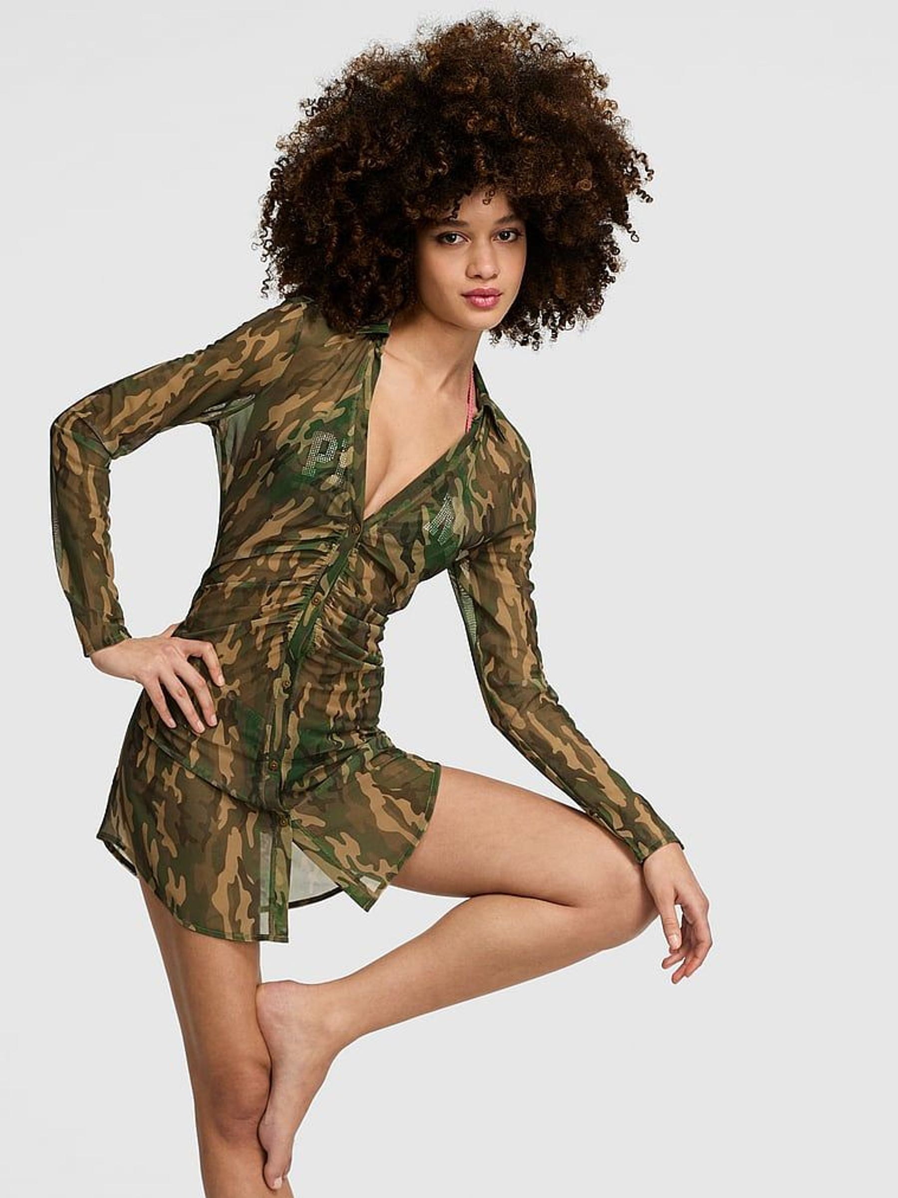 Green Camo Mesh Cover Up Shirt Dress (F40324) | €53