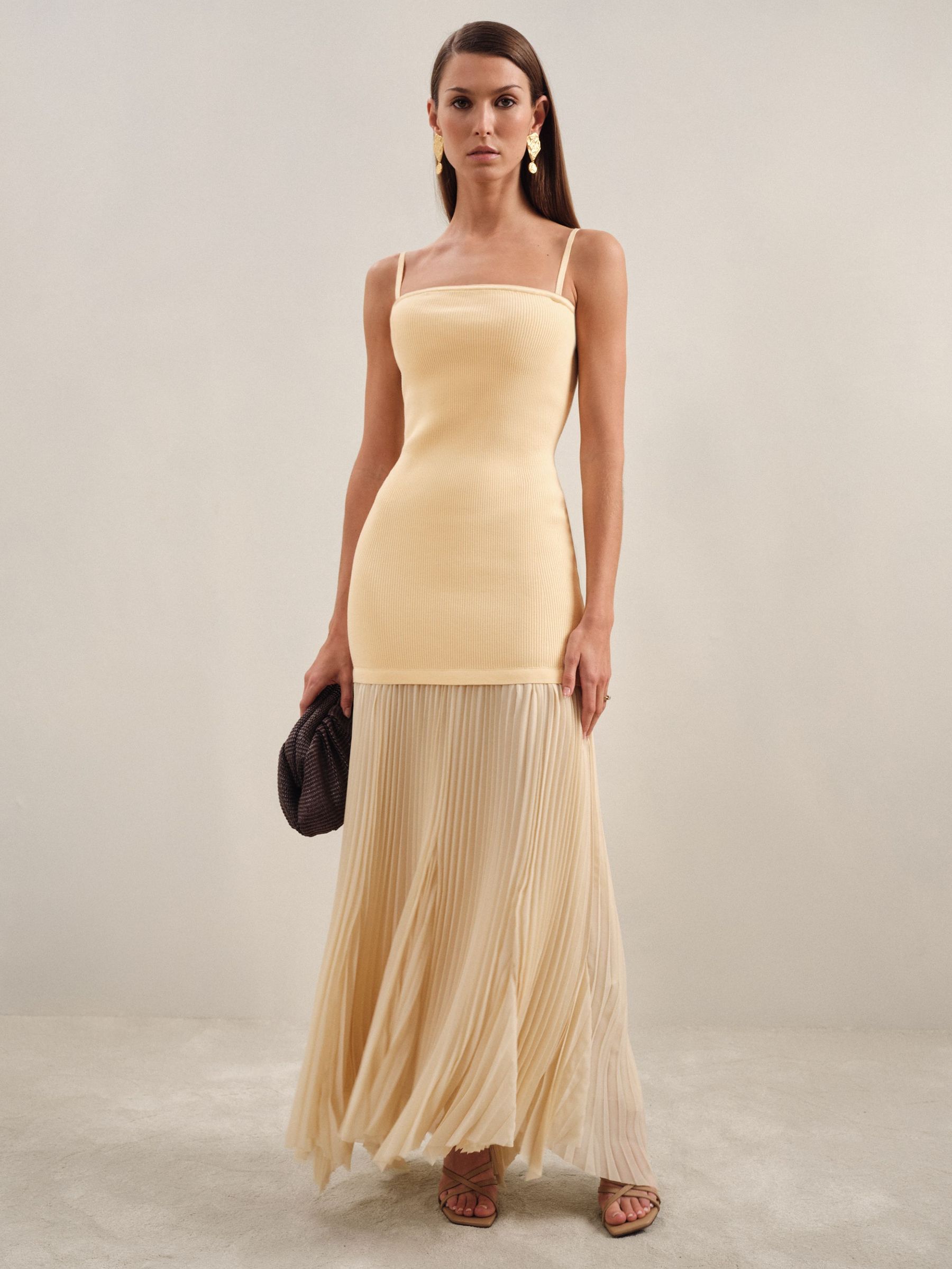 Pleated Skirt Ribbed Midi Dress in Yellow (F40776) | €425
