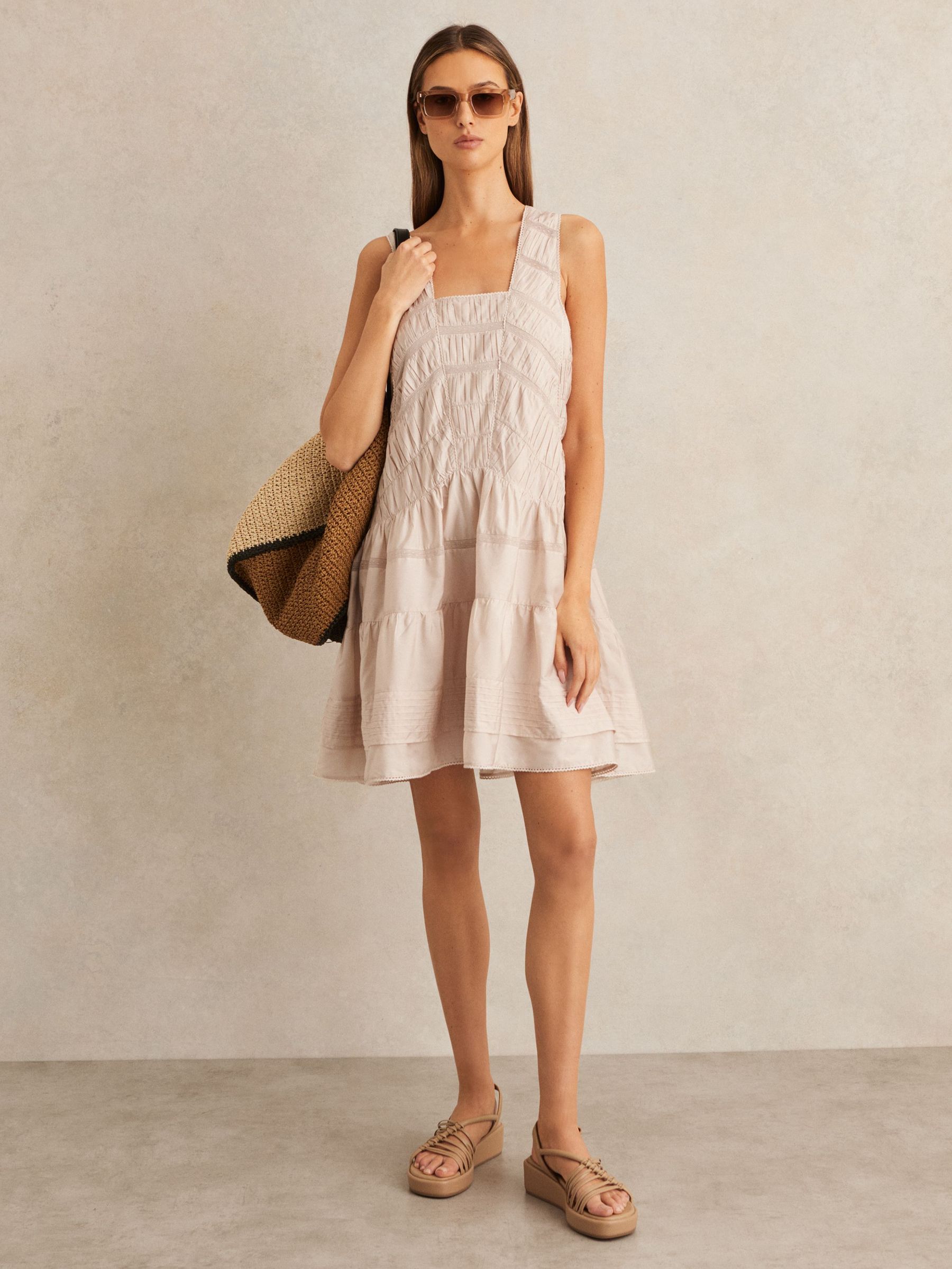Shirred Ruffle Hem Mini Dress in Neutral (F40777) | CHF 315