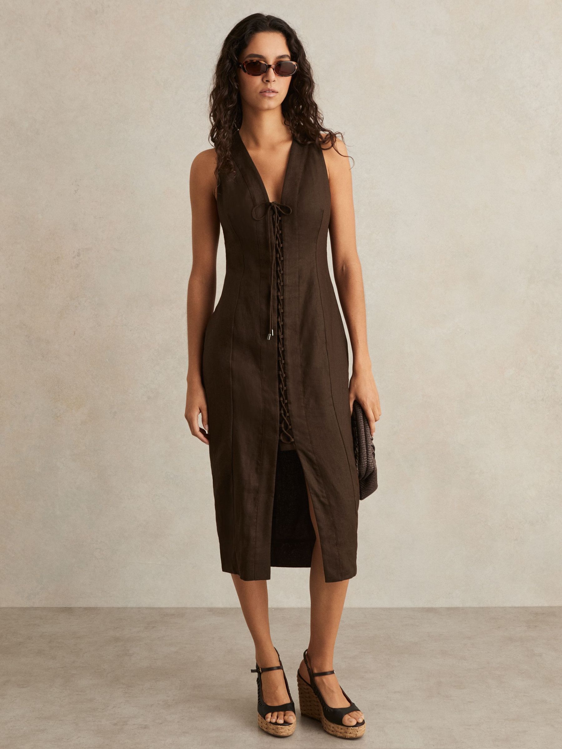 Lattice-Front Midi Dress in Chocolate Brown (F40778) | US$320