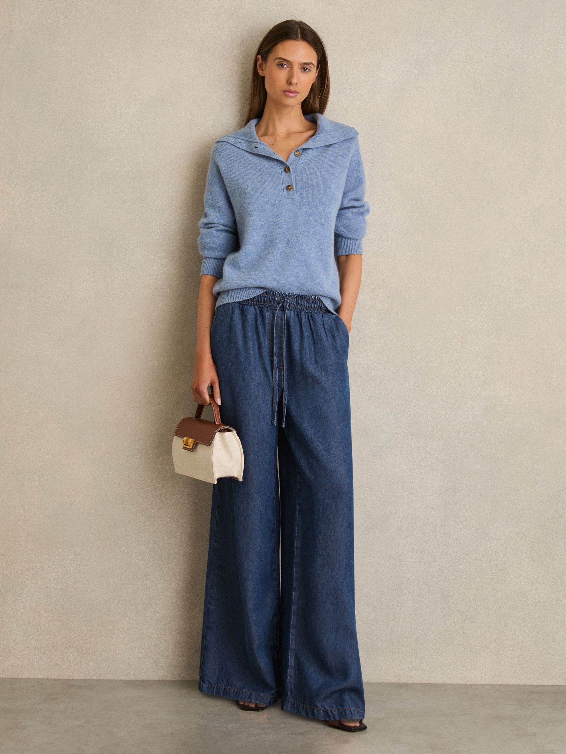 Wide-Leg Chambray Drawstring Trousers in Mid Blue (F40793) | €170