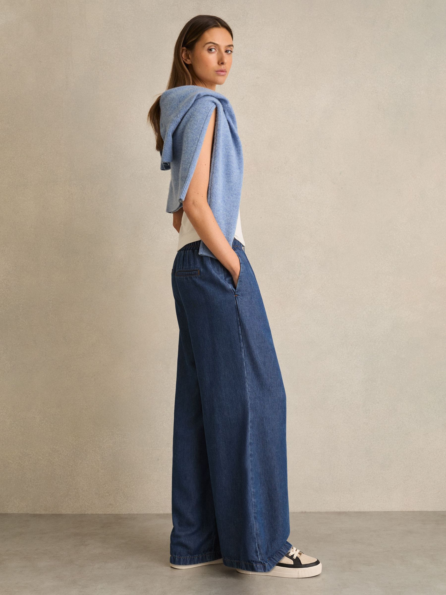 Petite Wide-Leg Chambray Drawstring Trousers in Mid Blue (F40795) | 680 SAR