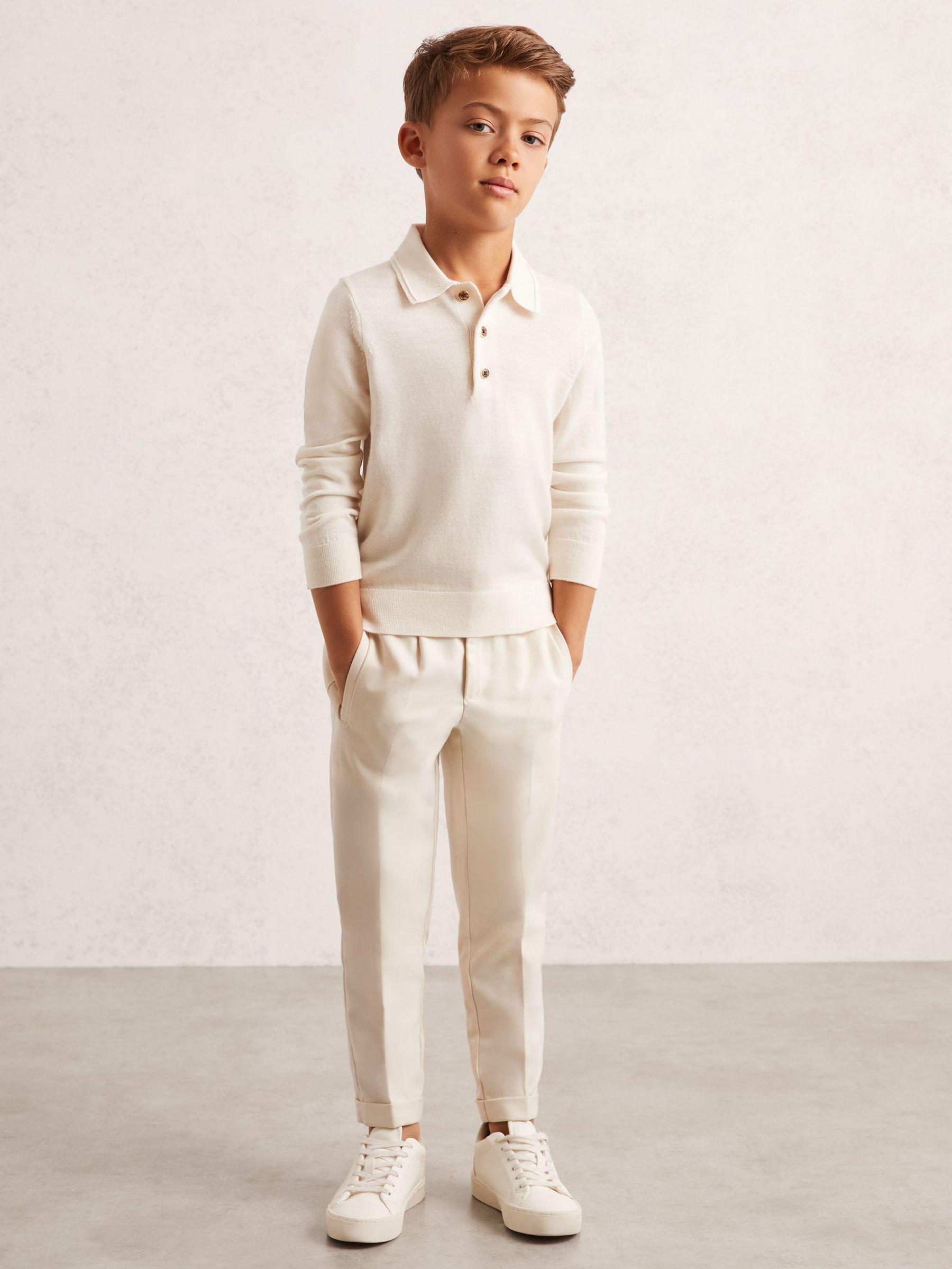 4-9 yrs Merino Wool Long-Sleeve Polo Shirt in Snow (F41074) | €45