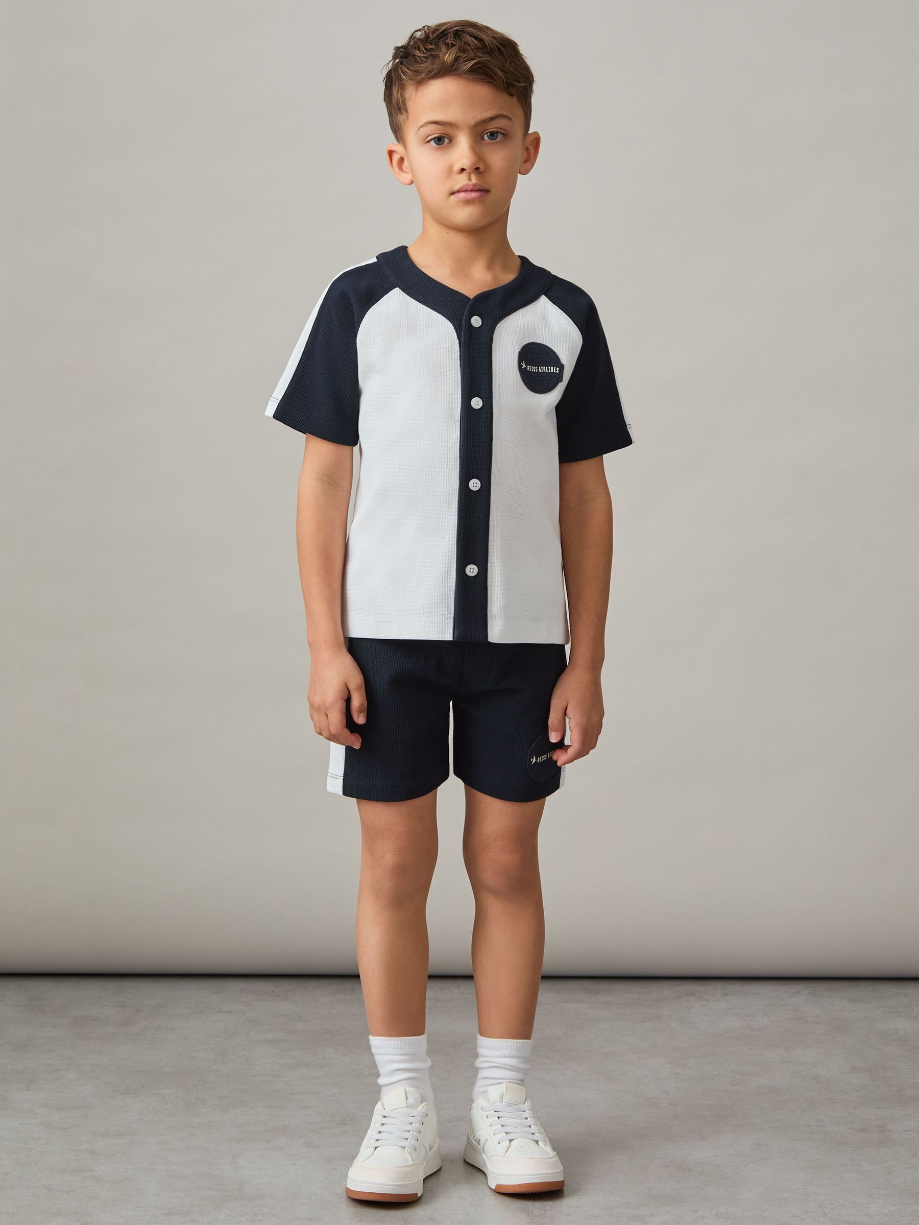 3-9 yrs Cotton Waffle-Knit Badge Shirt in Off White/Navy (F42257) | 55 €