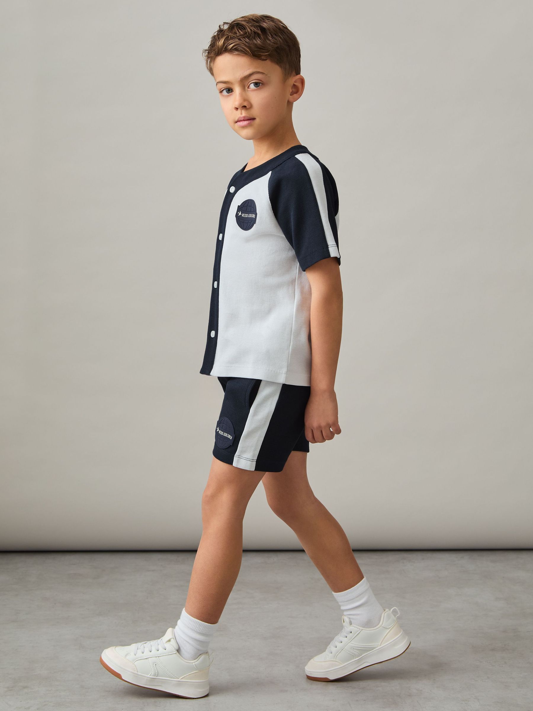 3-9 yrs Cotton Waffle-Knit Badge Shorts in Off White/Navy (F42258) | $55
