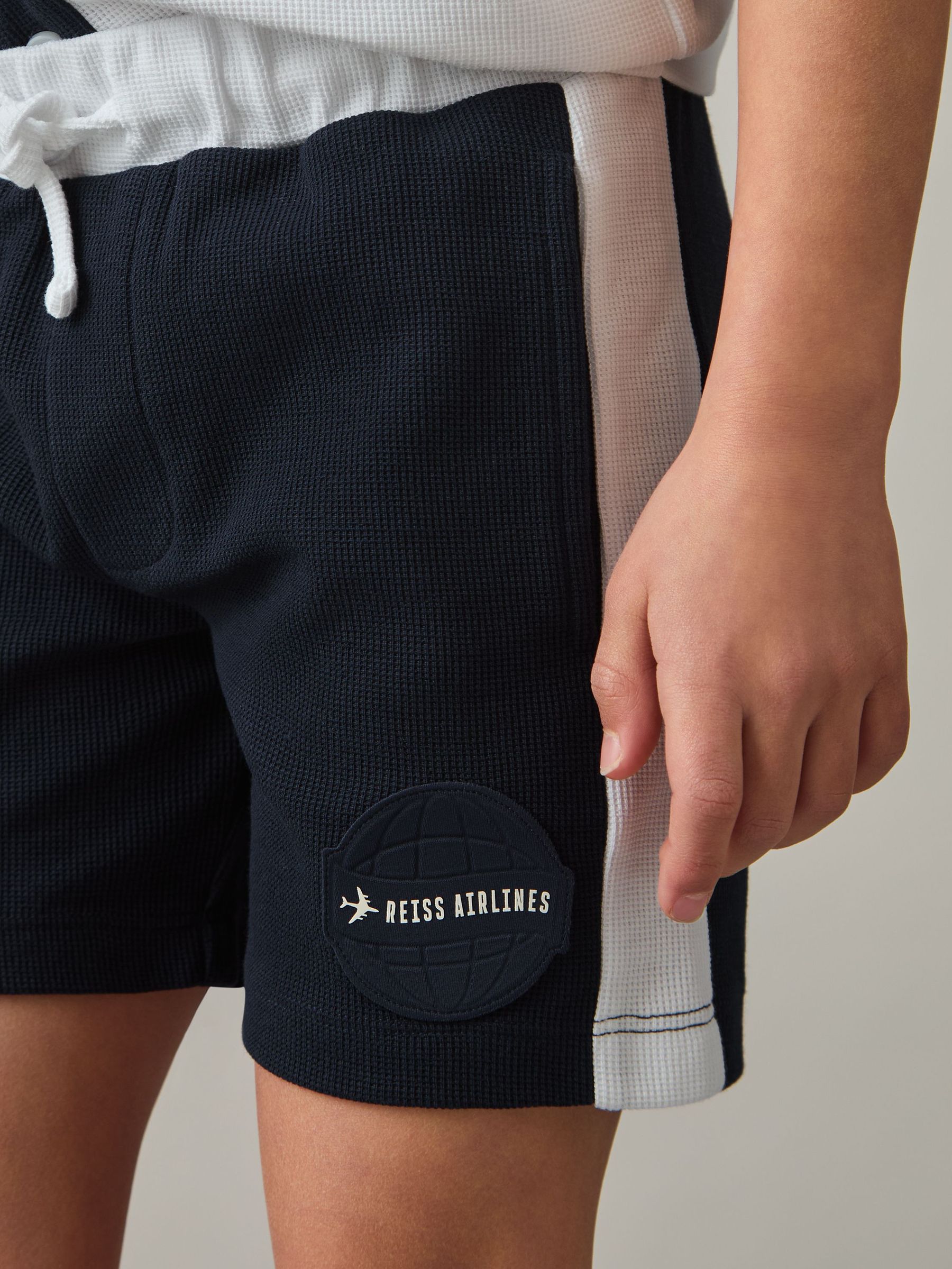 9-13 yrs Cotton Waffle-Knit Badge Shorts in Off White/Navy (F42263) | $60