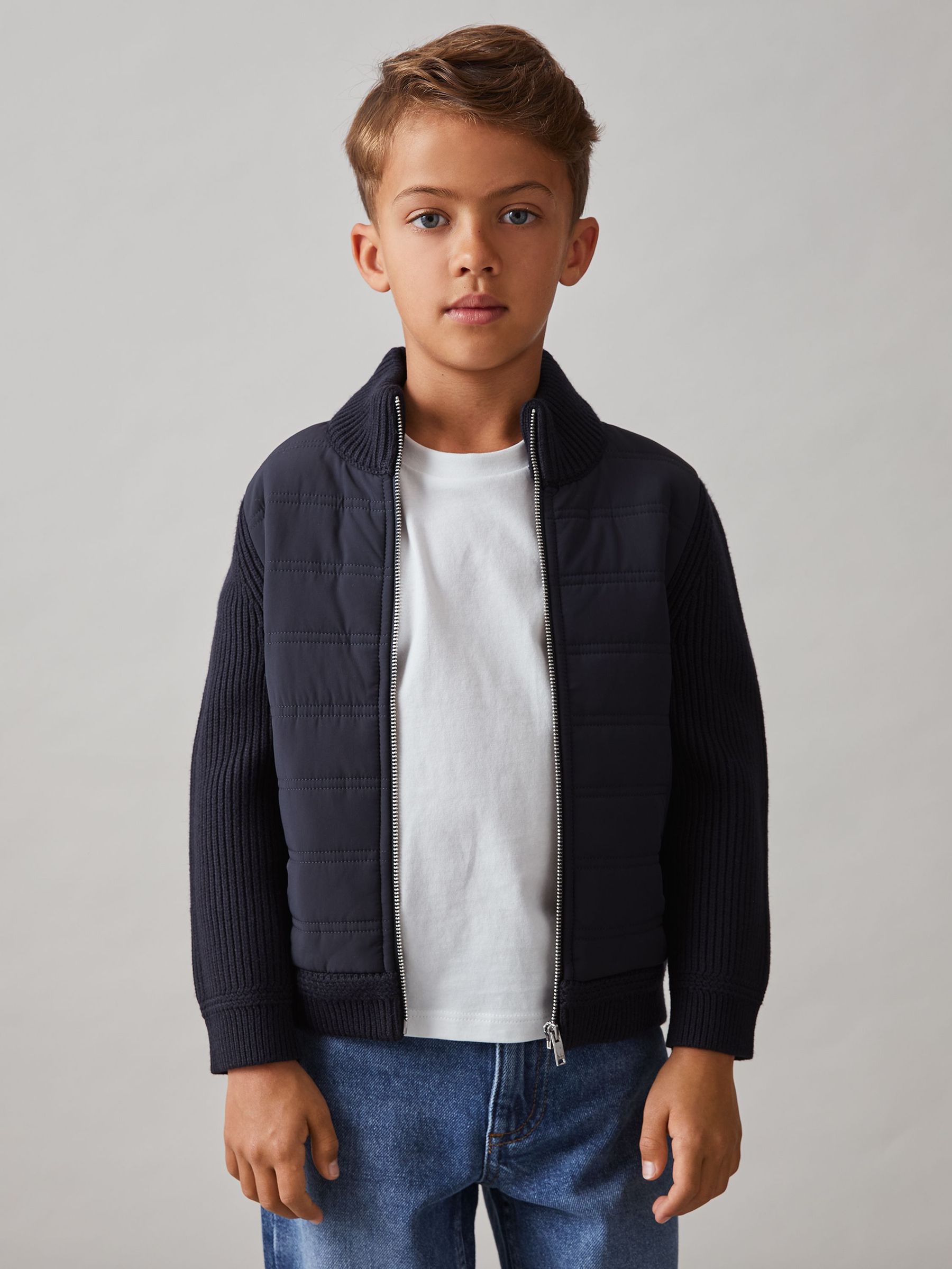 3-9 yrs Hybrid Quilt and Knit Zip Through Jacket in Navy (F42267) | CA$110