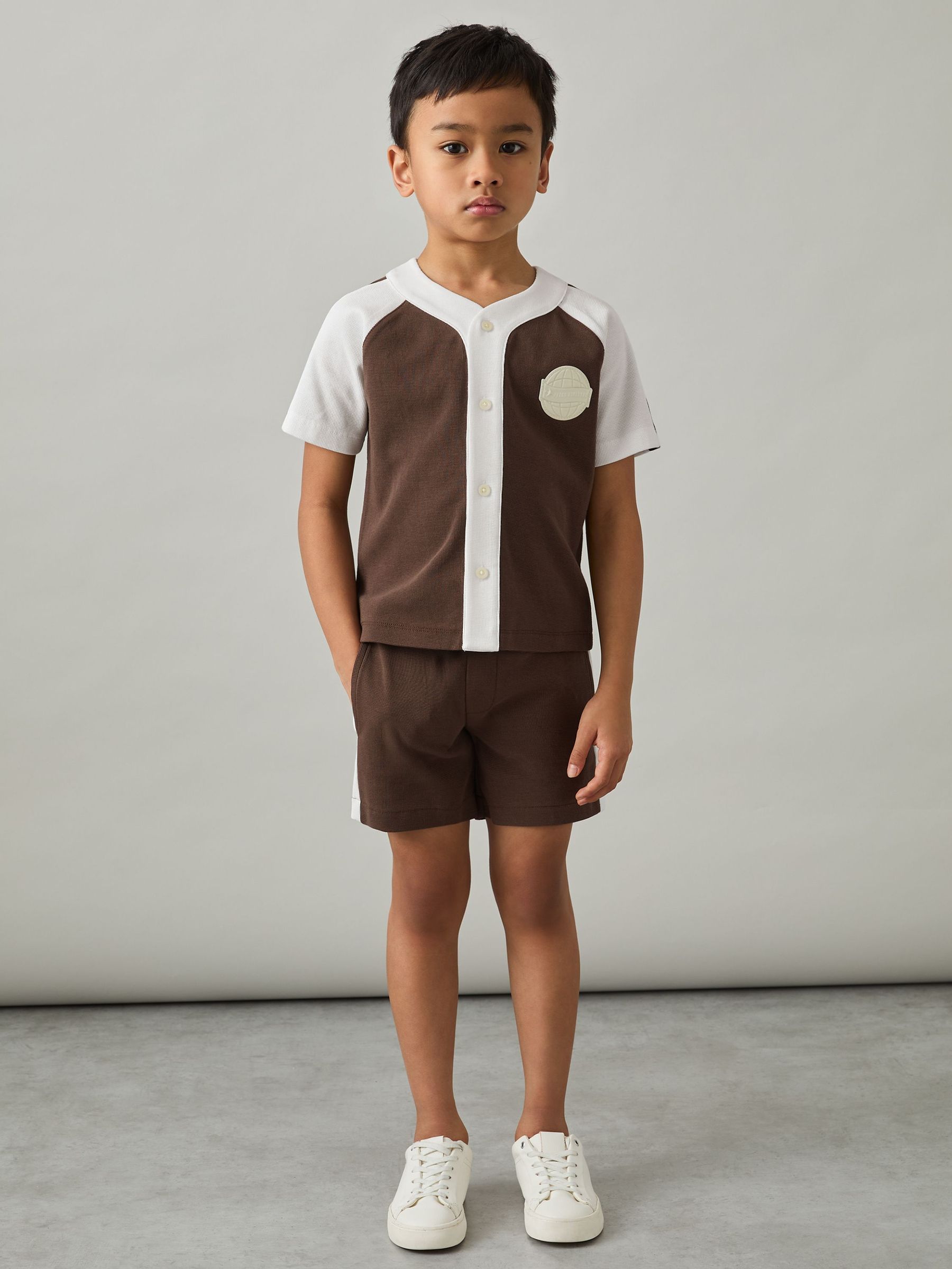 9-13 yrs Cotton Waffle-Knit Badge Shorts in Chocolate Brown / Off White (F42273) | €55