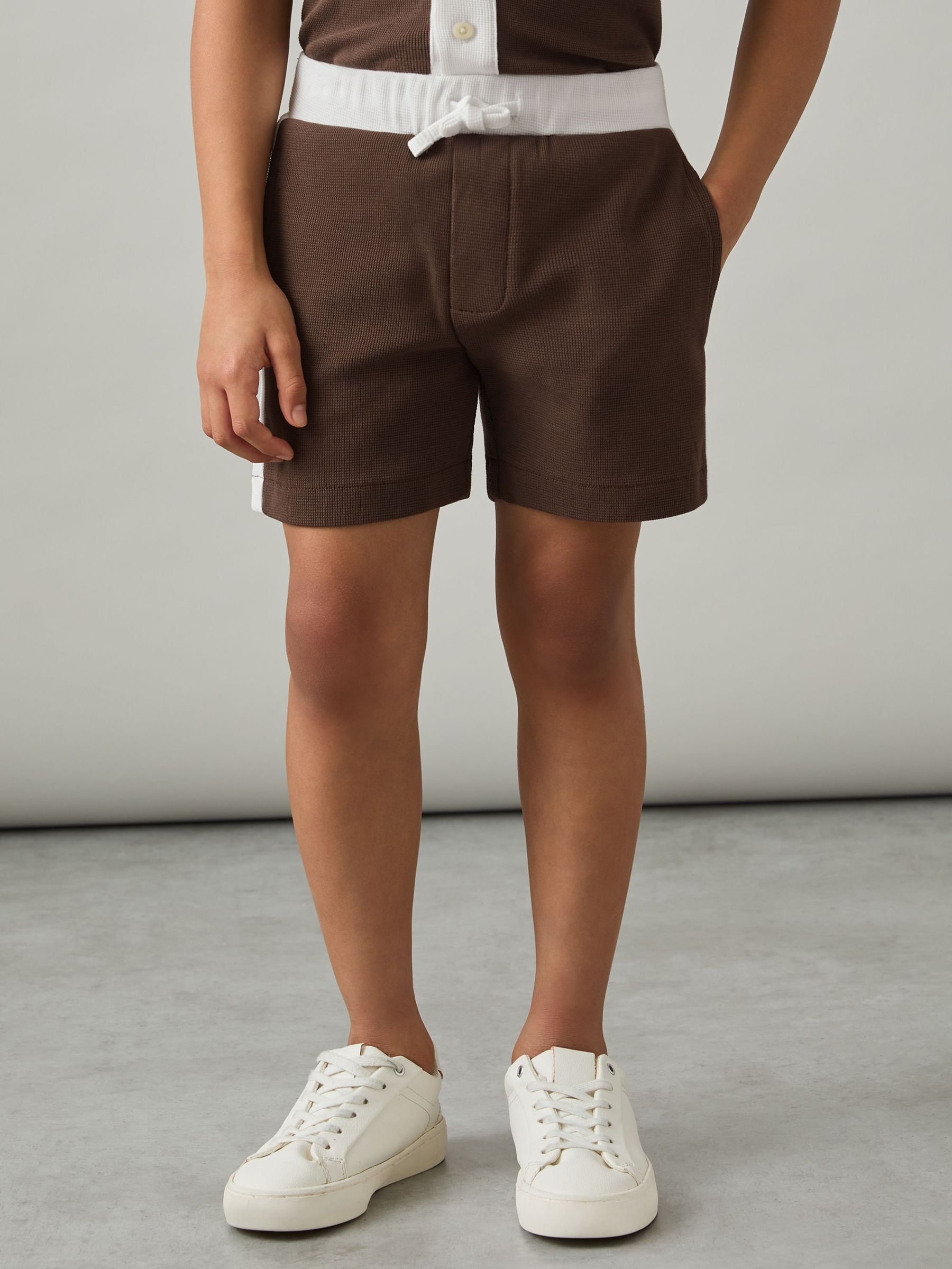 3-9 yrs Cotton Waffle-Knit Badge Shorts in Chocolate Brown / Off White (F42275) | US$55