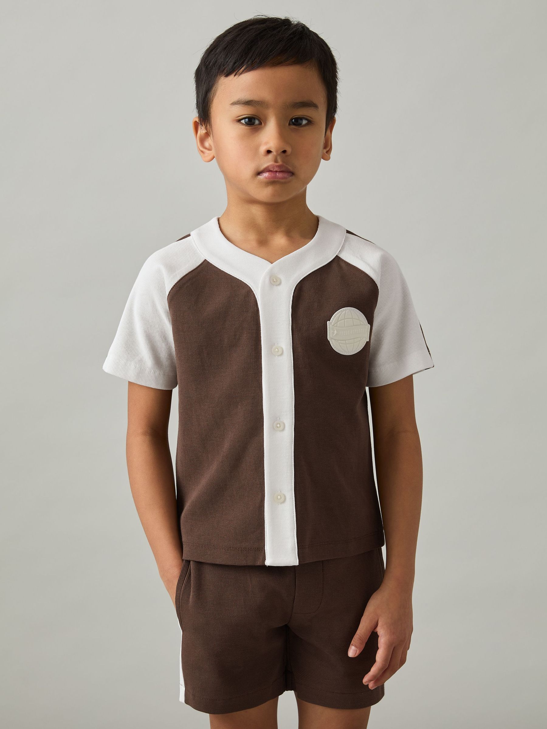 9-13 yrs Cotton Waffle-Knit Badge Shirt in Chocolate Brown / Off White (F42282) | €60