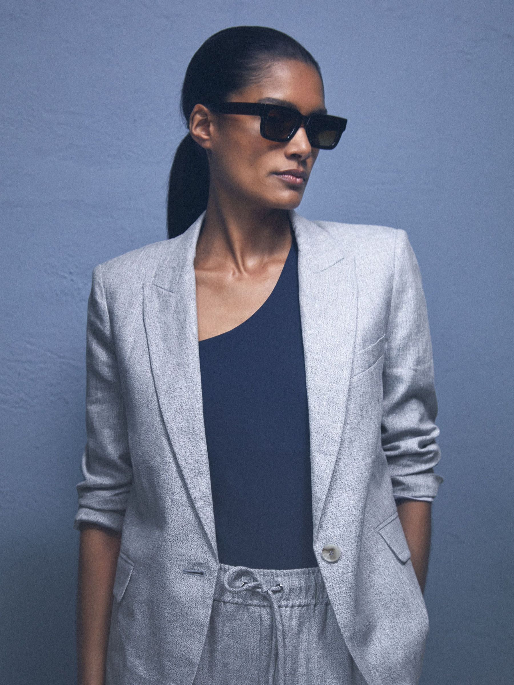 Linen-Blend Single-Breasted Blazer in Blue (F43016) | US$330