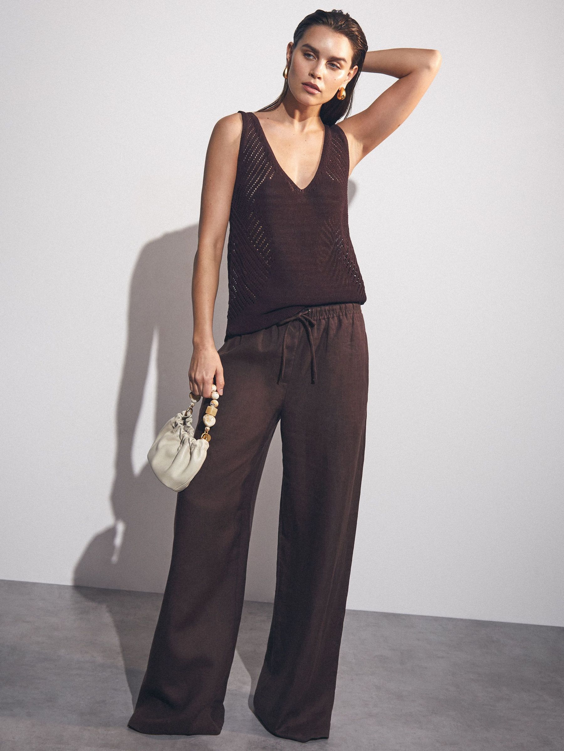 Linen-Blend Wide-Leg Trousers in Chocolate Brown (F43017) | €185