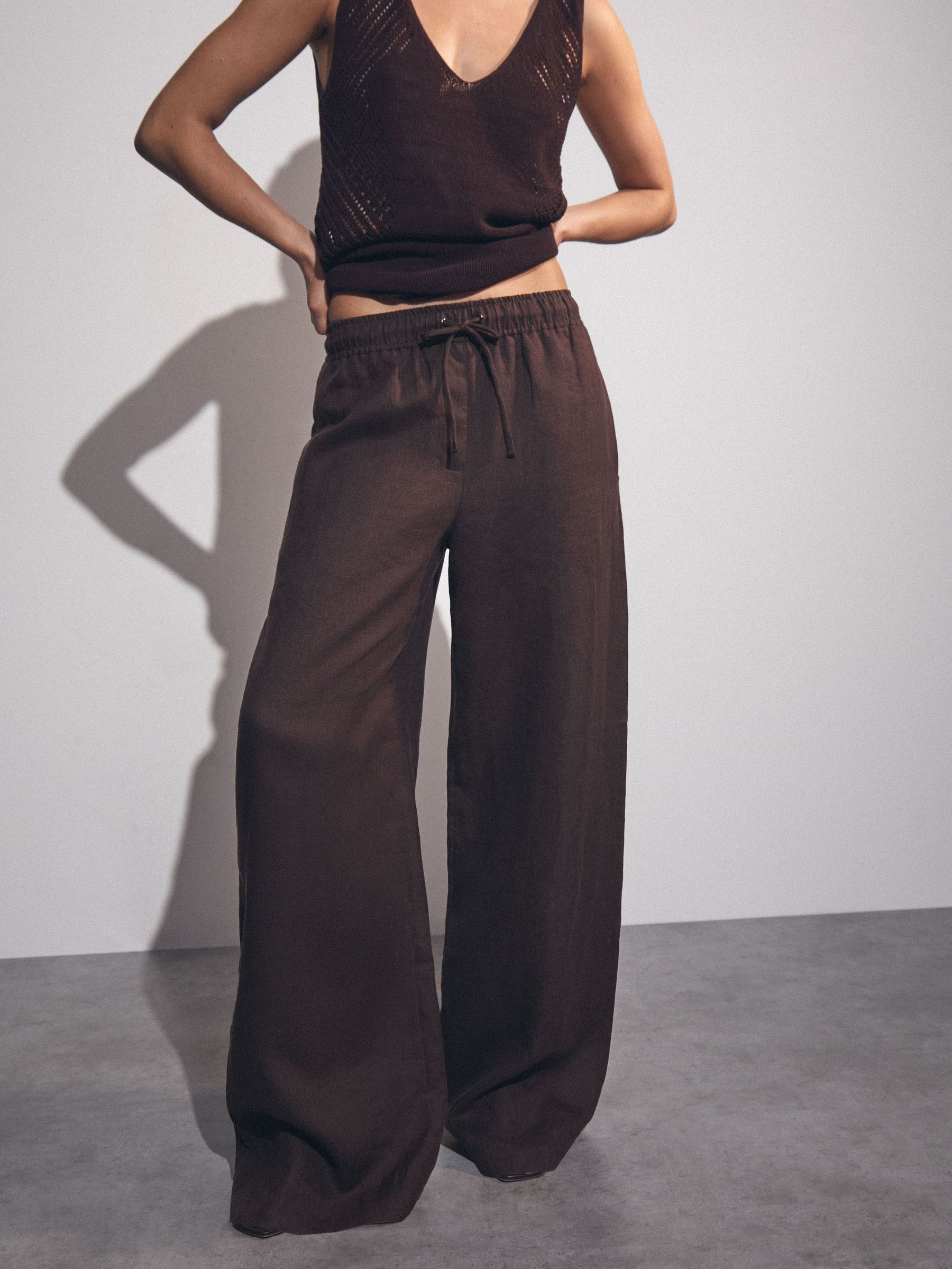 Petite Linen-Blend Wide-Leg Trousers in Chocolate Brown (F43028) | €185