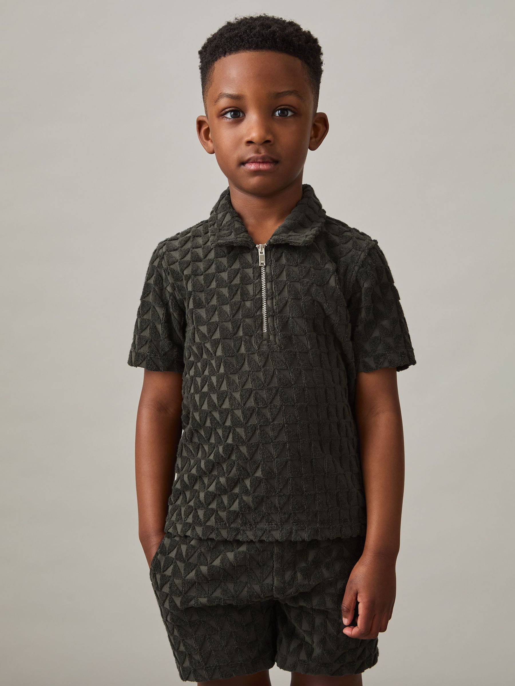 3-9 yrs Textured Towelling Polo Shirt in Dark Sage (F45216) | US$45
