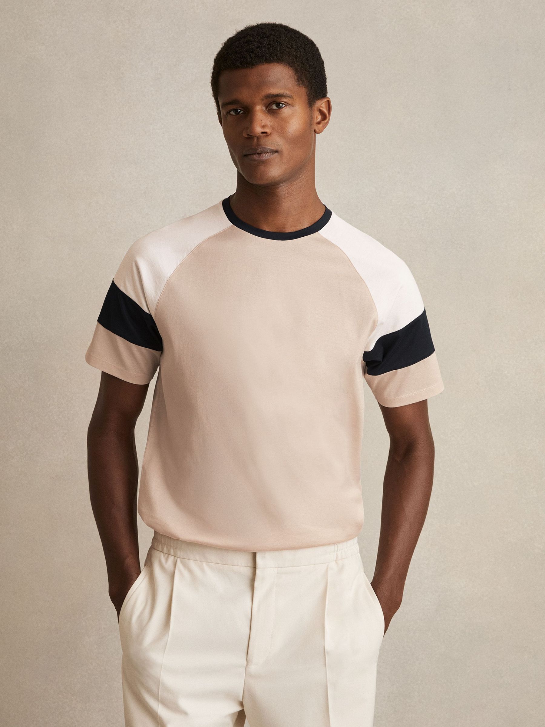 Mercerised-Cotton Colourblock T-Shirt in Sand/Navy (F45217) | €85