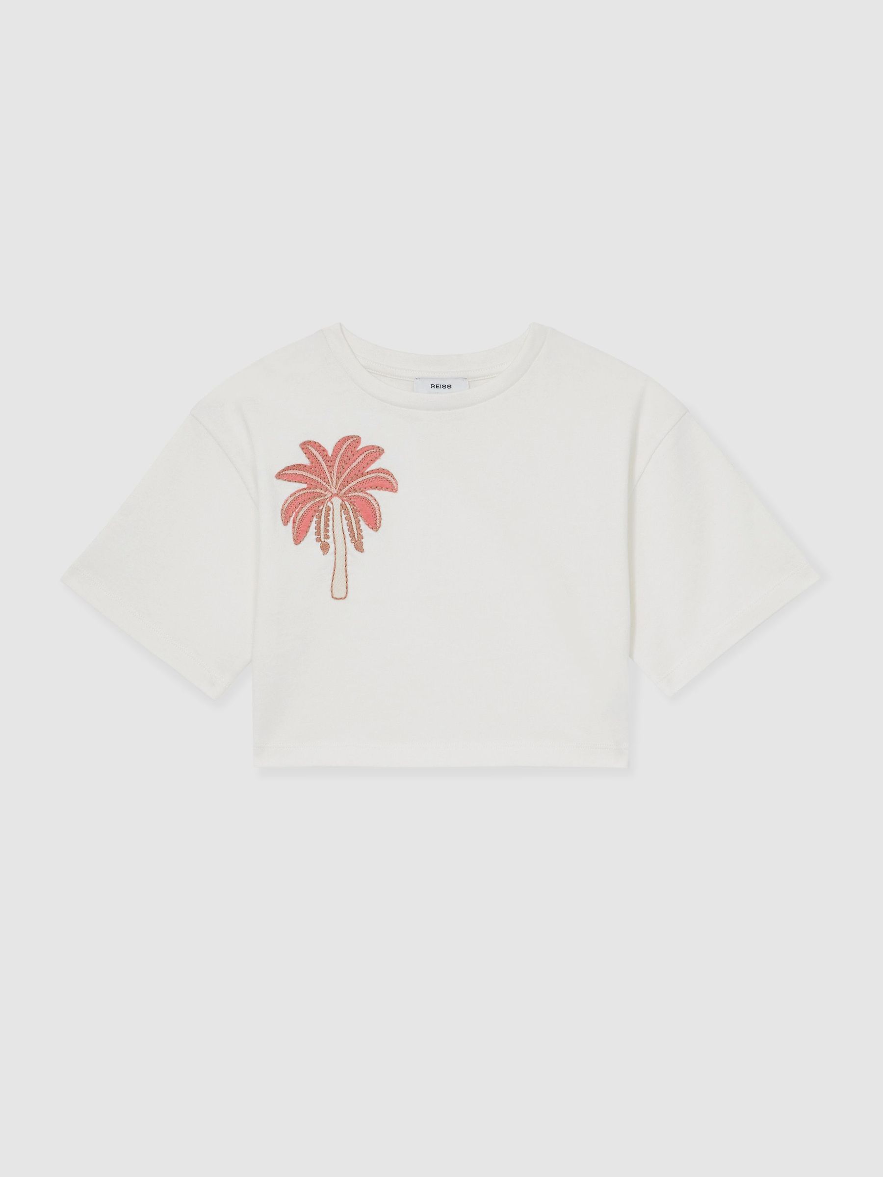 Cotton Palm Tree Cropped T-Shirt in Ivory (F45226) | €25