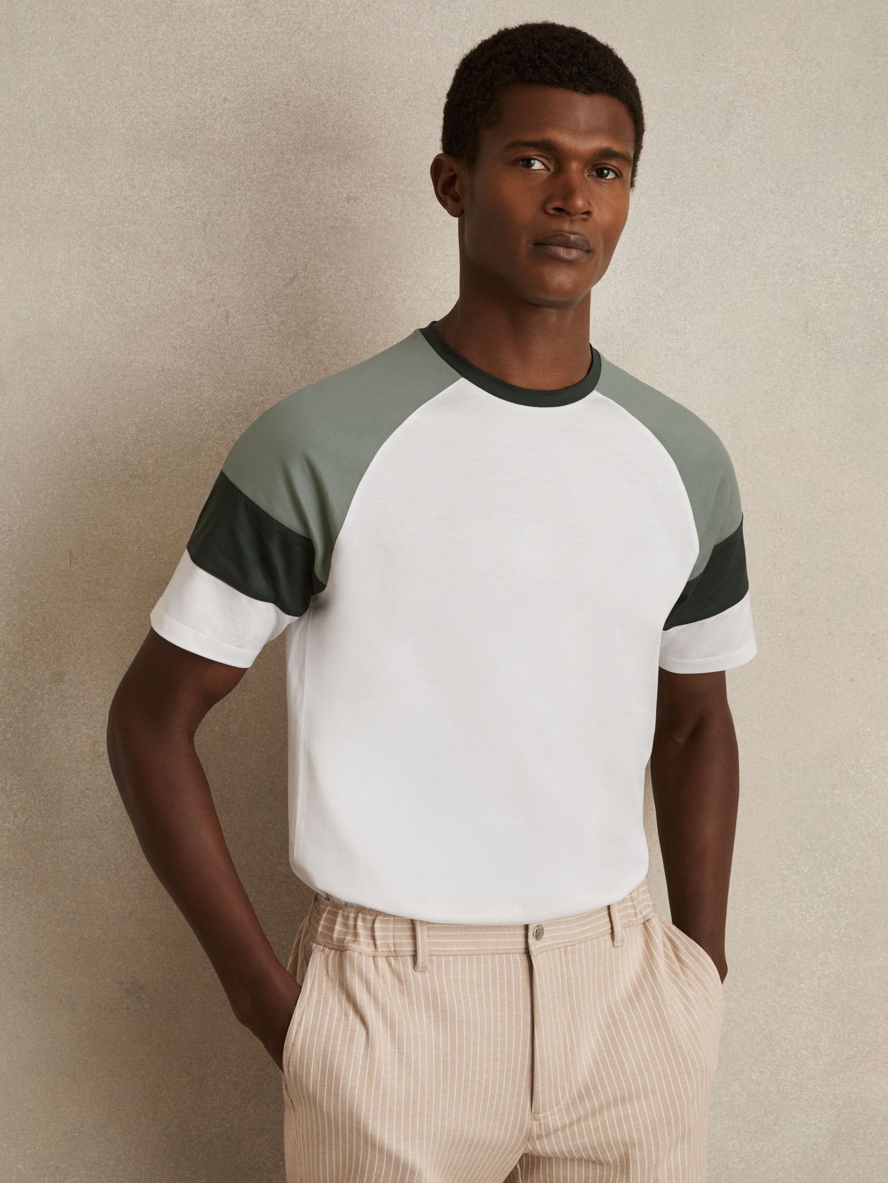 Mercerised-Cotton Colourblock T-Shirt in White/Sage (F45231) | CHF 85