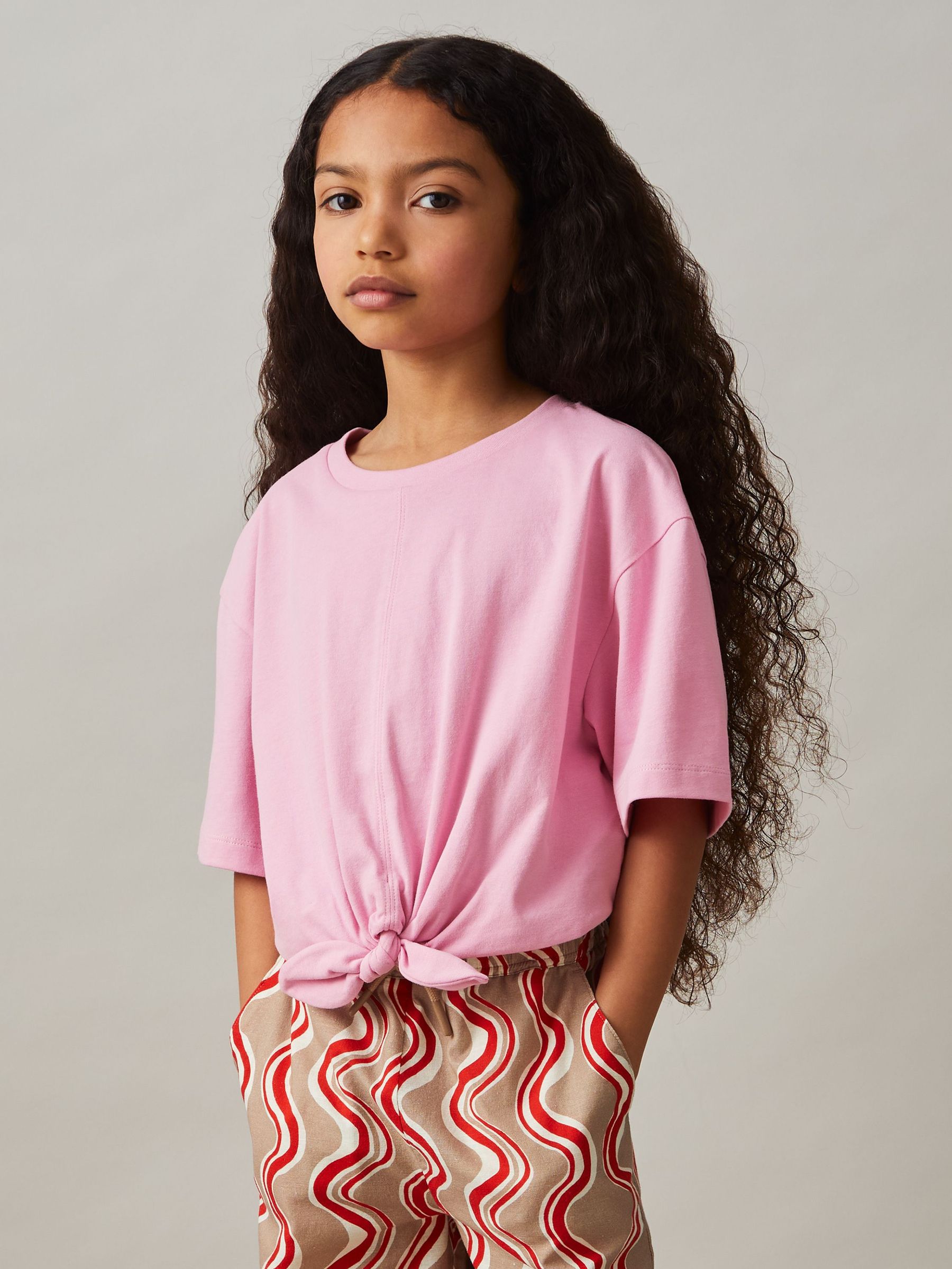 Cotton Tie-Front Cropped T-Shirt in Pink (F45240) | €25