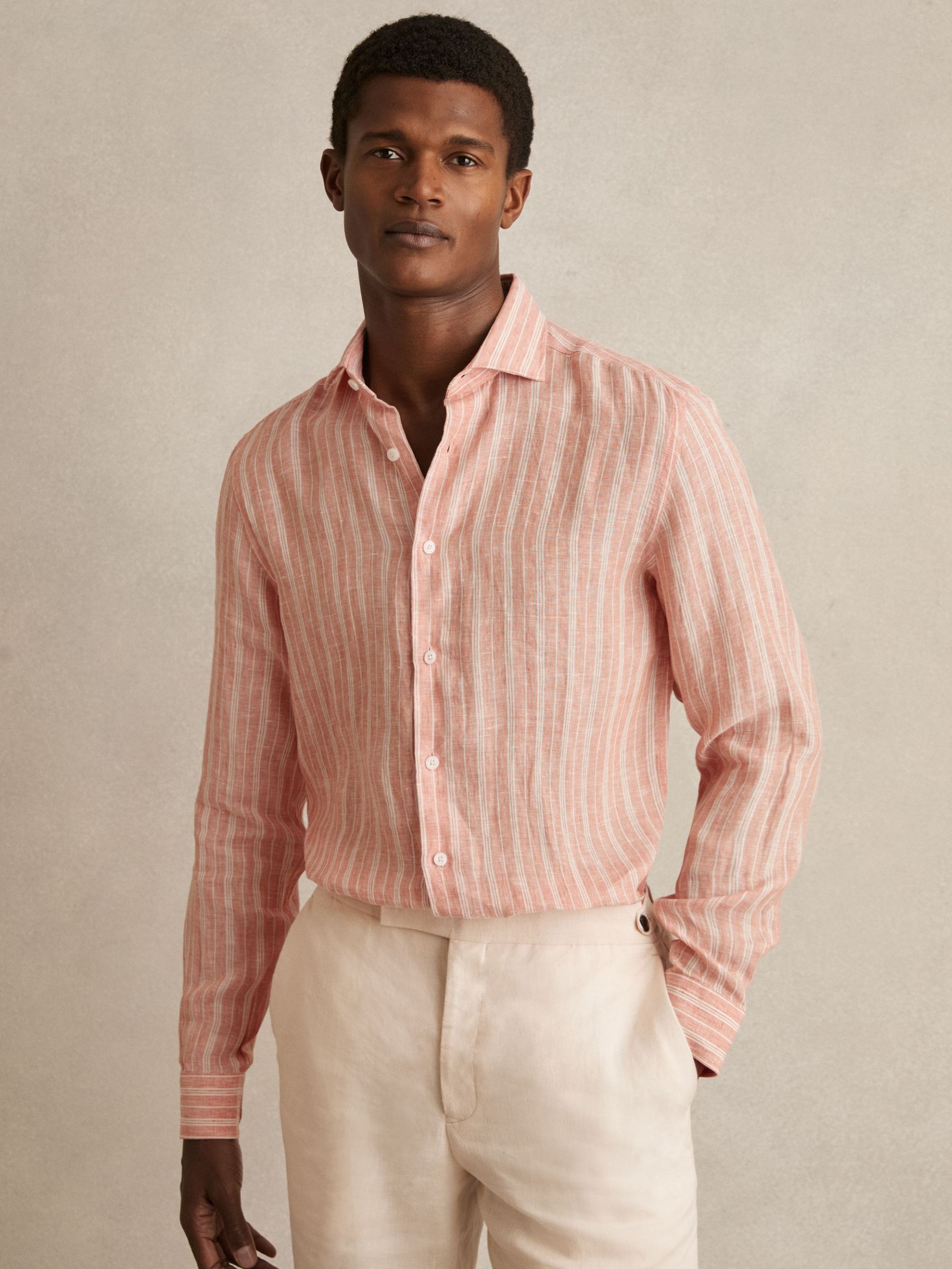 Linen Striped Cutaway-Collar Shirt in Pink Rose/White Bengal Stripe (F45244) | €145