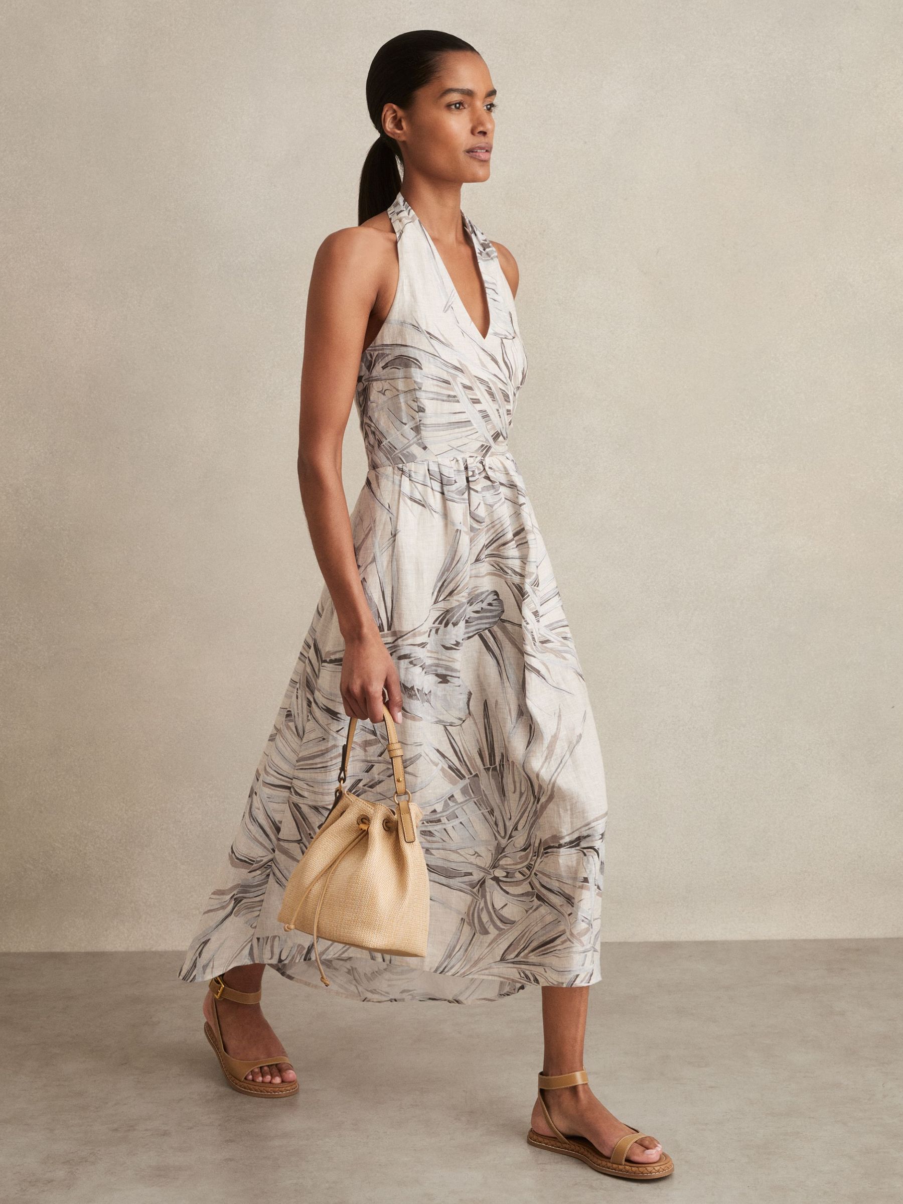 Petite Linen Palm Print Halterneck Midi Dress in Neutral (F45245) | €245